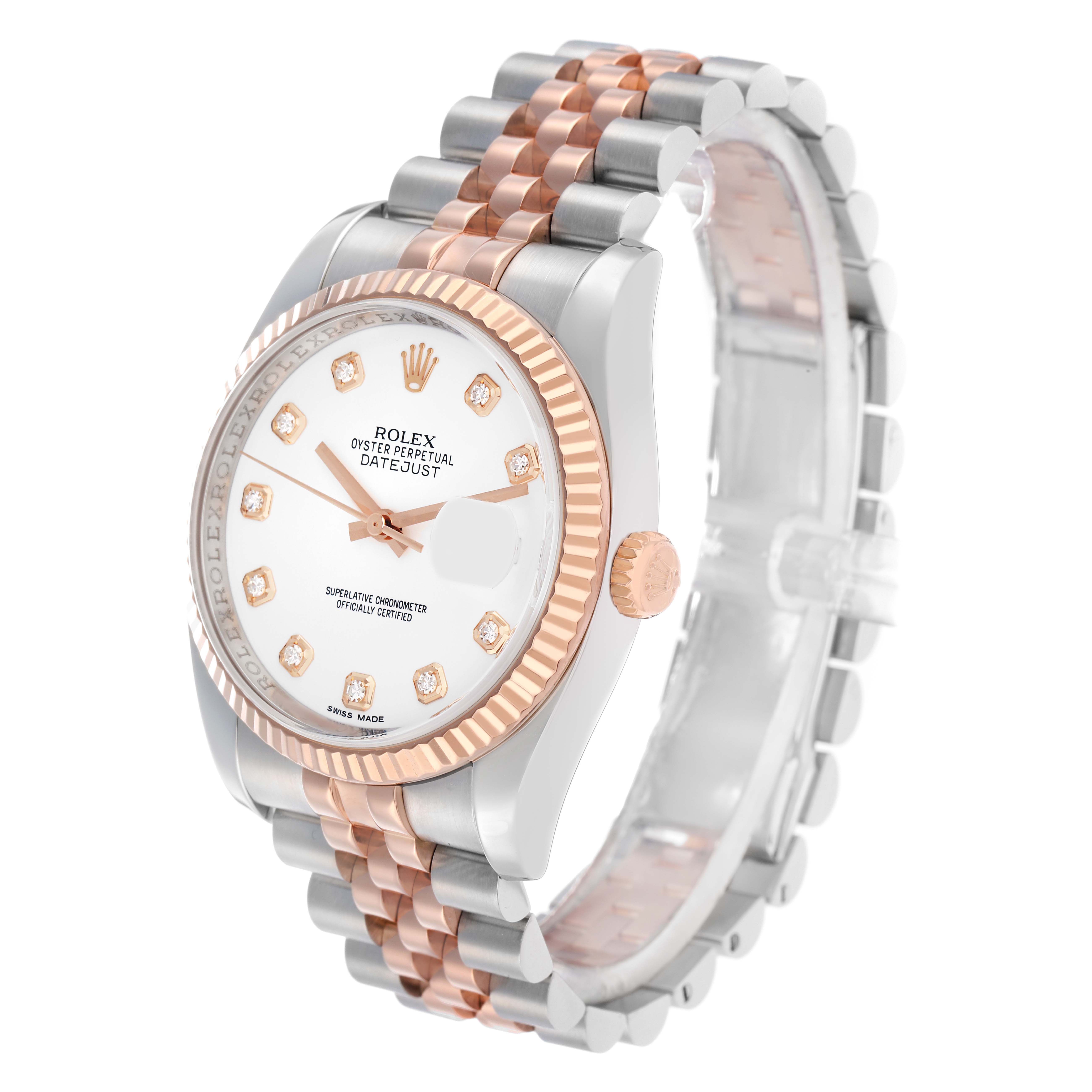 The Rolex Datejust 116231 Men
s Steel and Gold (two tone) White Dial watch is shown at an angled side view, highlighting the face, bezel, crown, and two-tone bracelet.