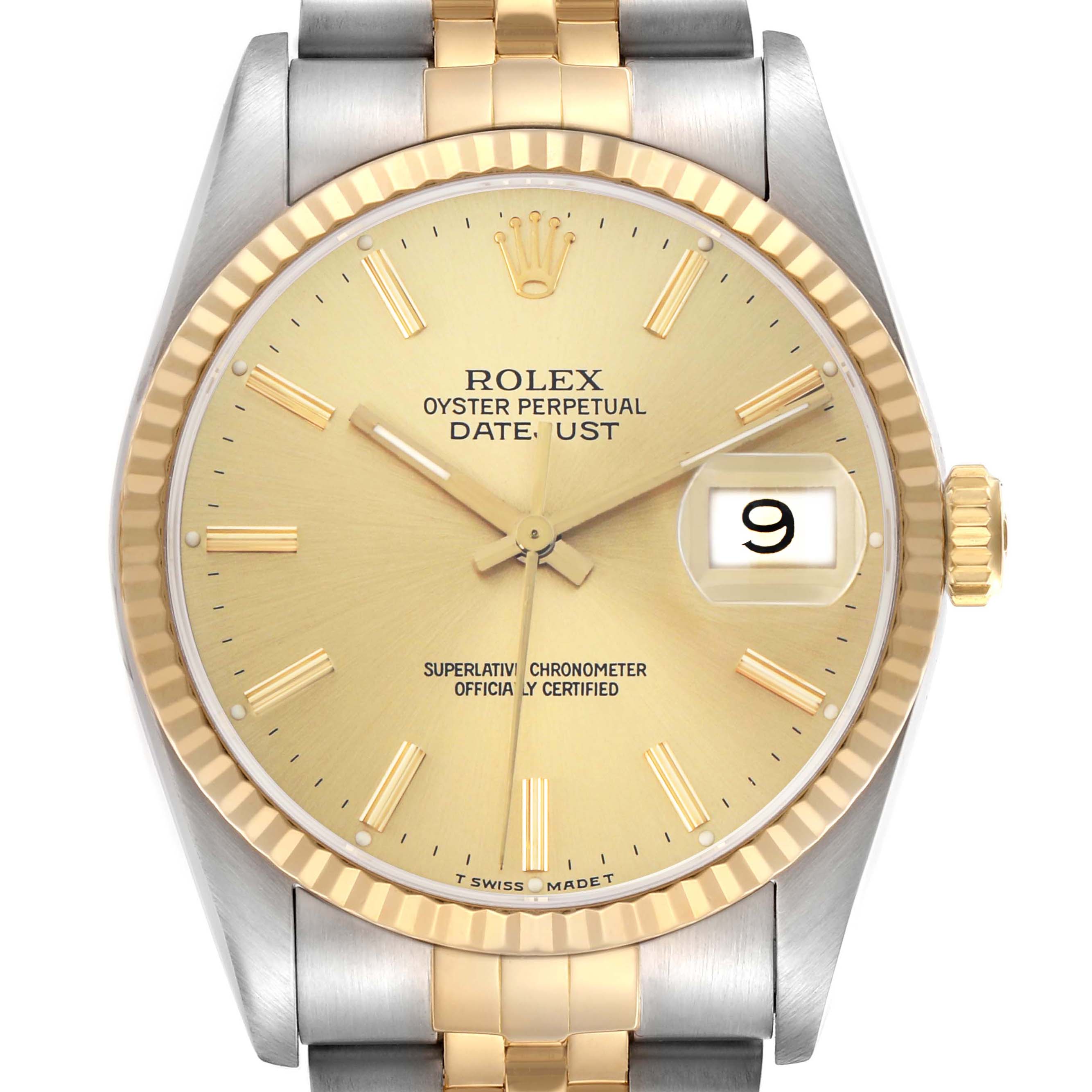 The image shows a front view of a Rolex Datejust 16233 Men
s Steel and Gold (two tone) Champagne Dial watch, highlighting its dial, bezel, crown, and part of the bracelet.