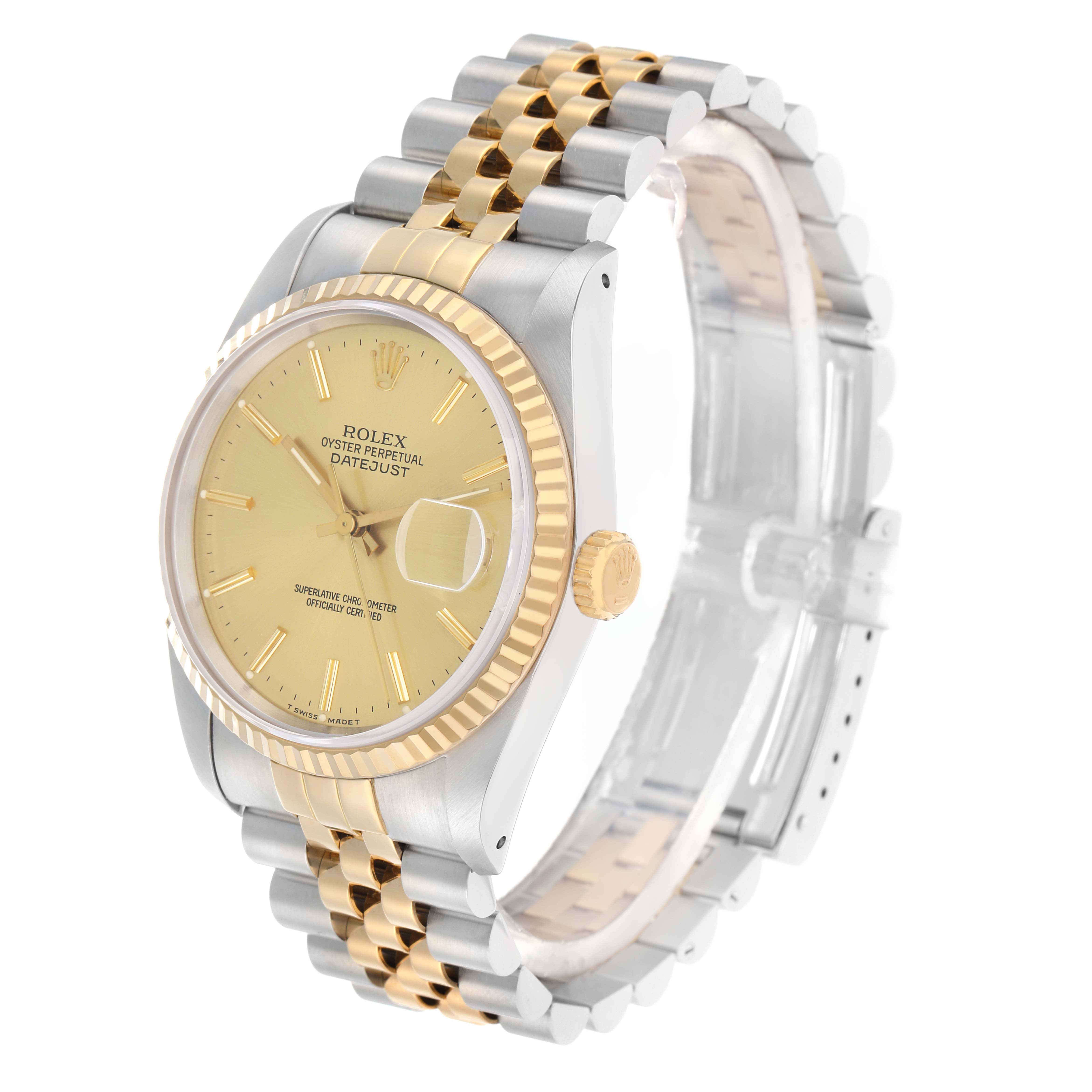 The Rolex Datejust 16233 Men
s Steel and Gold (two tone) Champagne Dial watch is shown at a three-quarter angle featuring the face, bezel, crown, and bracelet.