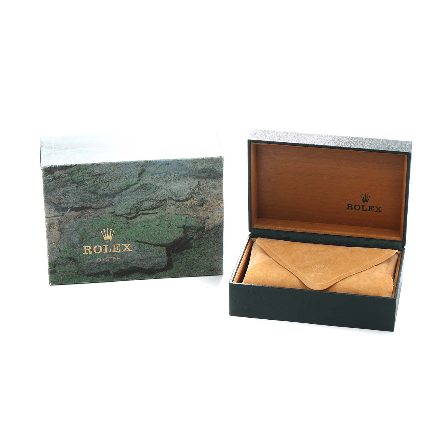 The image shows a Rolex Datejust 16233 Men
s Steel and Gold (two tone) Champagne Dial watch box and inner case, with the outer box design and open inner box with a pouch visible.