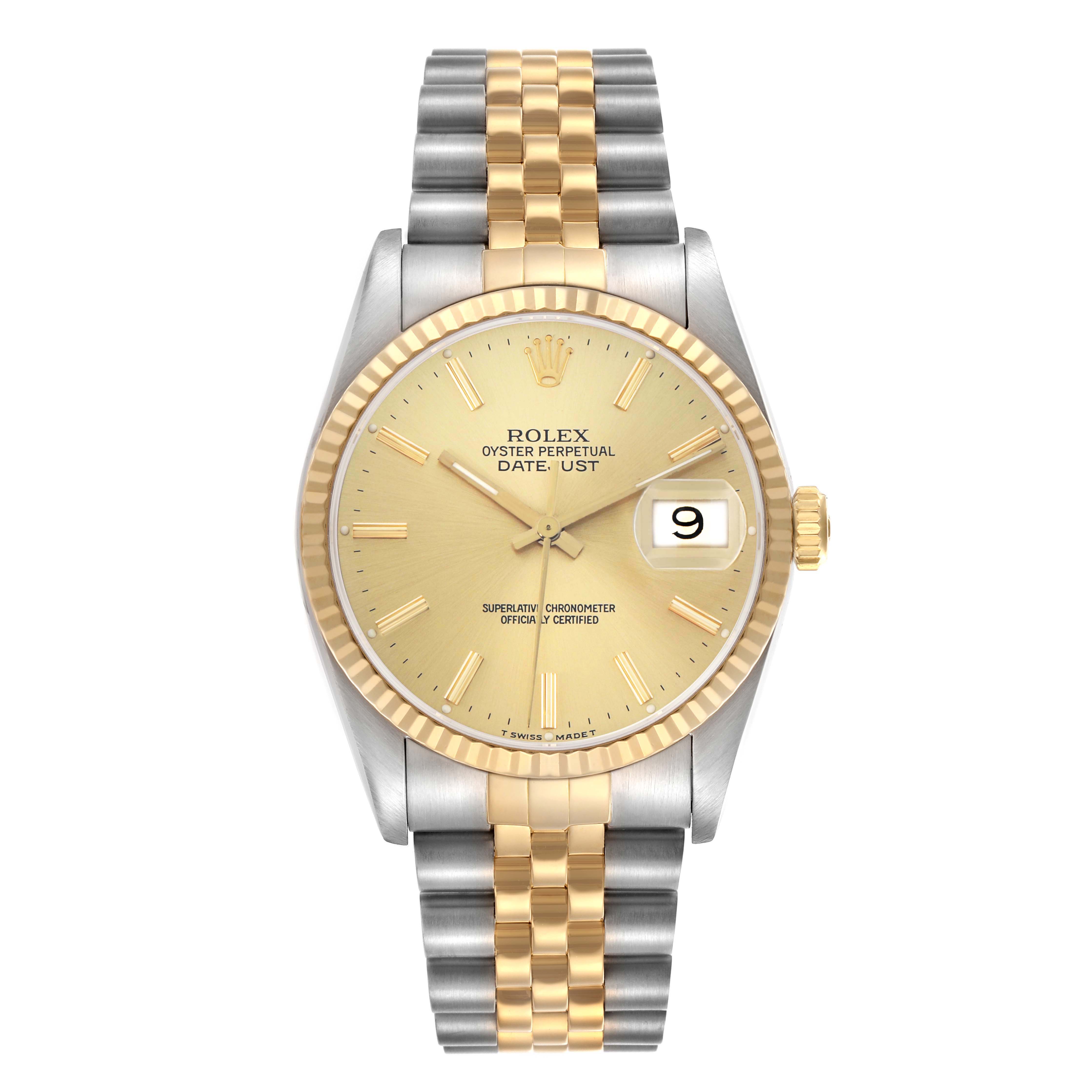 The Rolex Datejust 16233 Men
s Steel and Gold (two tone) Champagne Dial watch is shown from the front, displaying its face, bezel, and two-tone bracelet.