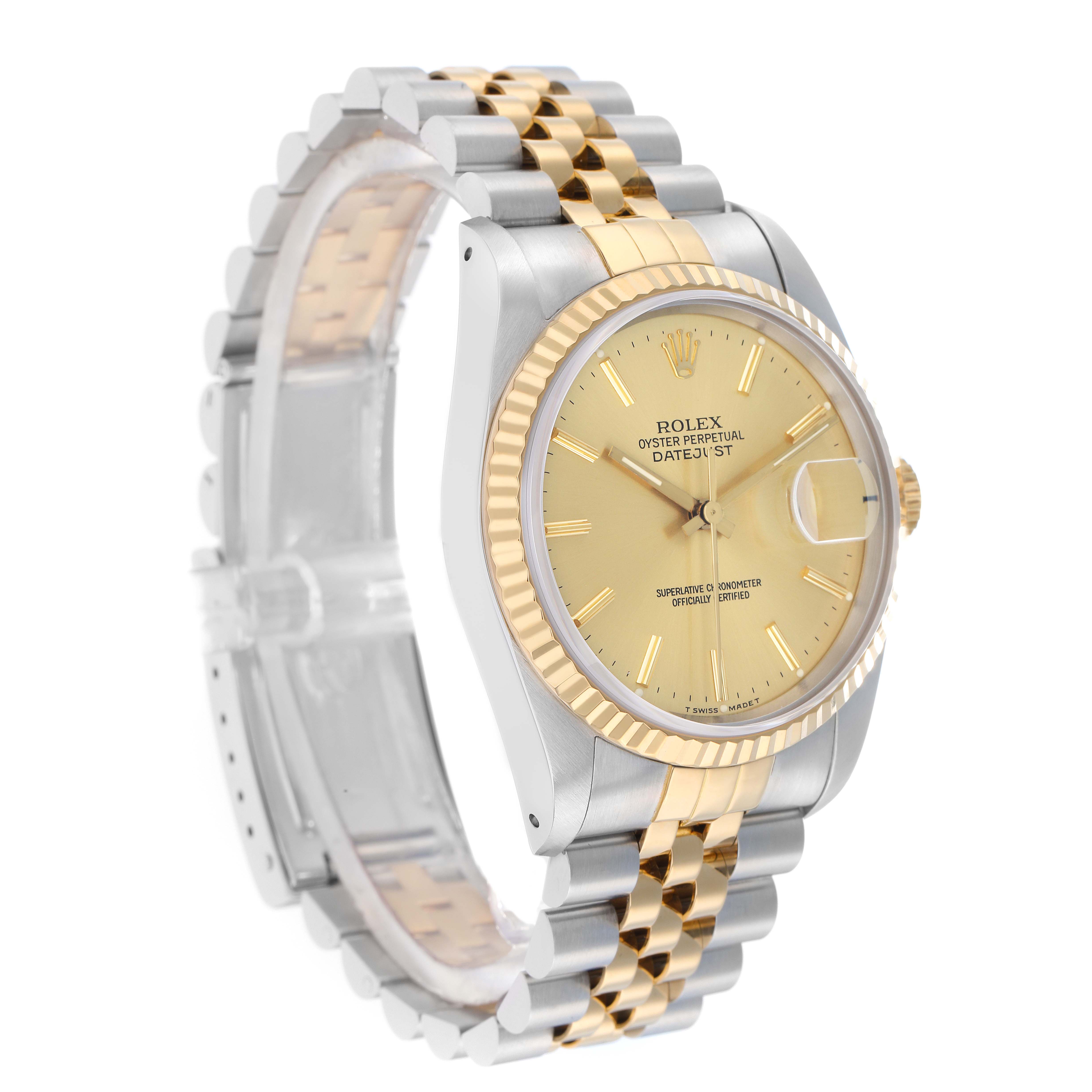 The image shows a Rolex Datejust 16233 Men
s Steel and Gold (two tone) Champagne Dial watch at a three-quarter angle displaying its dial, bezel, case, and bracelet.