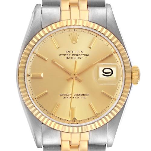 The Rolex Datejust 1601 Men's Steel and Gold (two tone) Champagne Dial watch is shown from a front view, displaying the dial, bezel, and part of the bracelet.