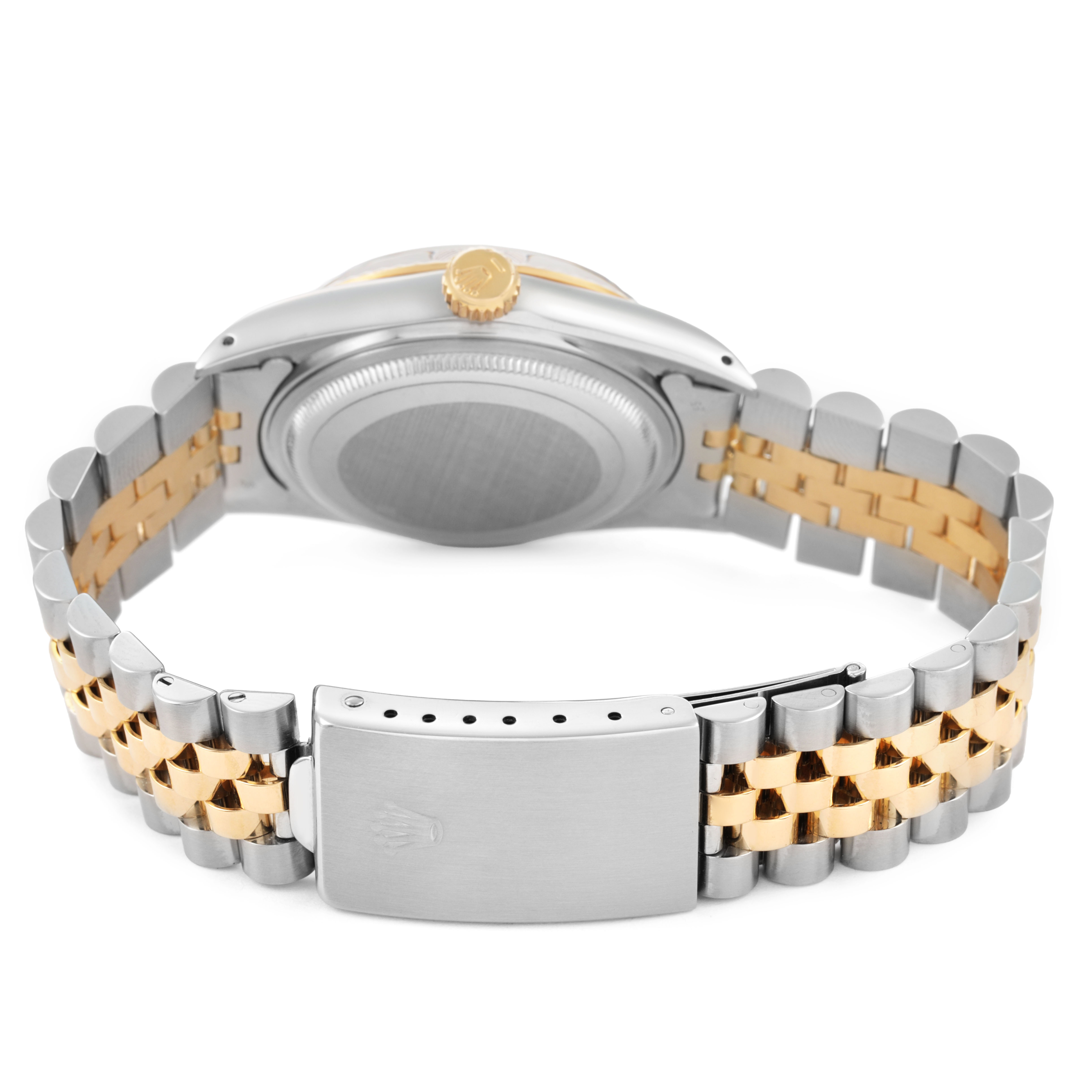 The image shows the back view of a Rolex Datejust 16013 Men's Stainless Steel Champagne Dial watch, highlighting its two-tone bracelet, clasp, case back, and crown.