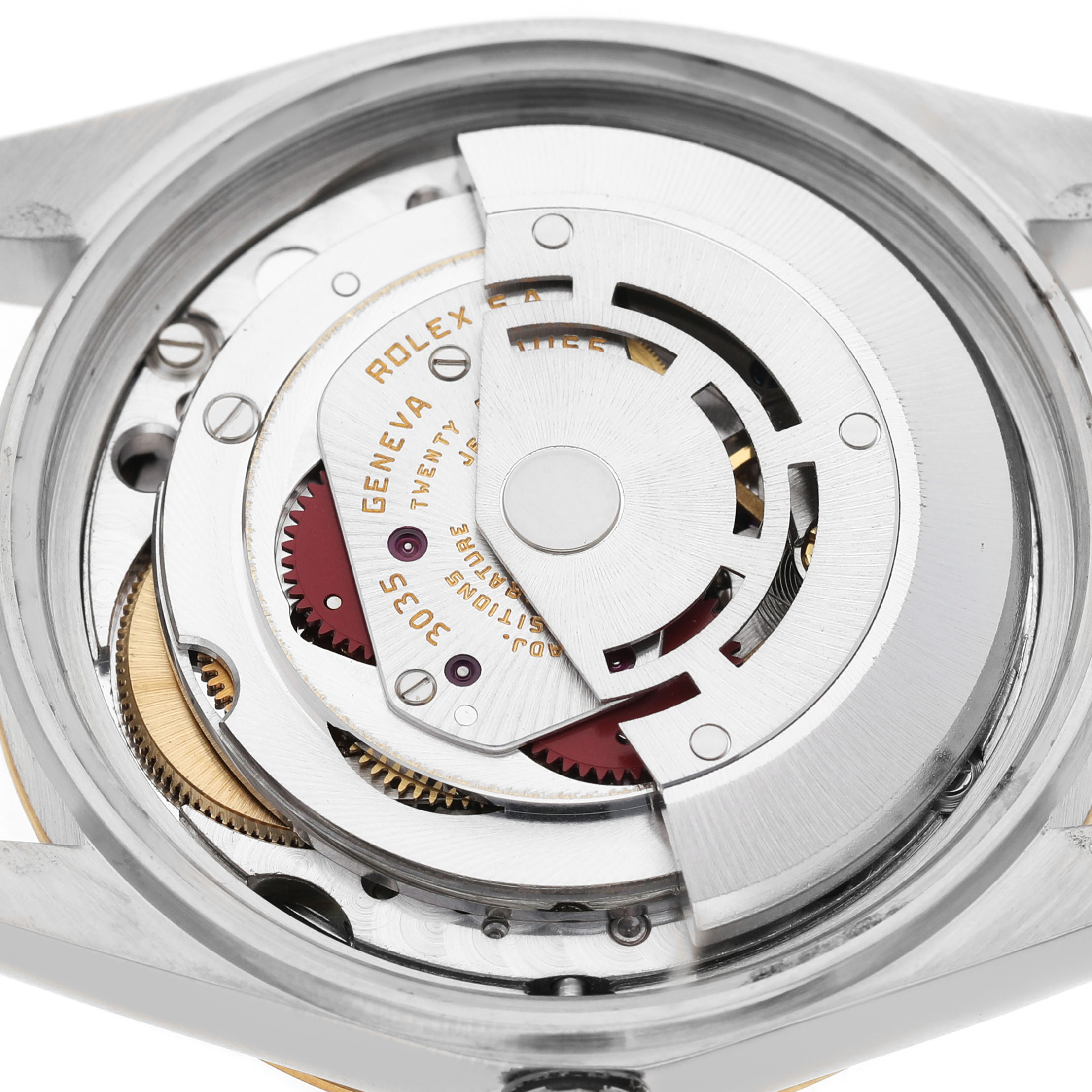 This image shows the open case back of a Rolex Datejust 16013 Men's Stainless Steel Champagne Dial, revealing its intricate movement.