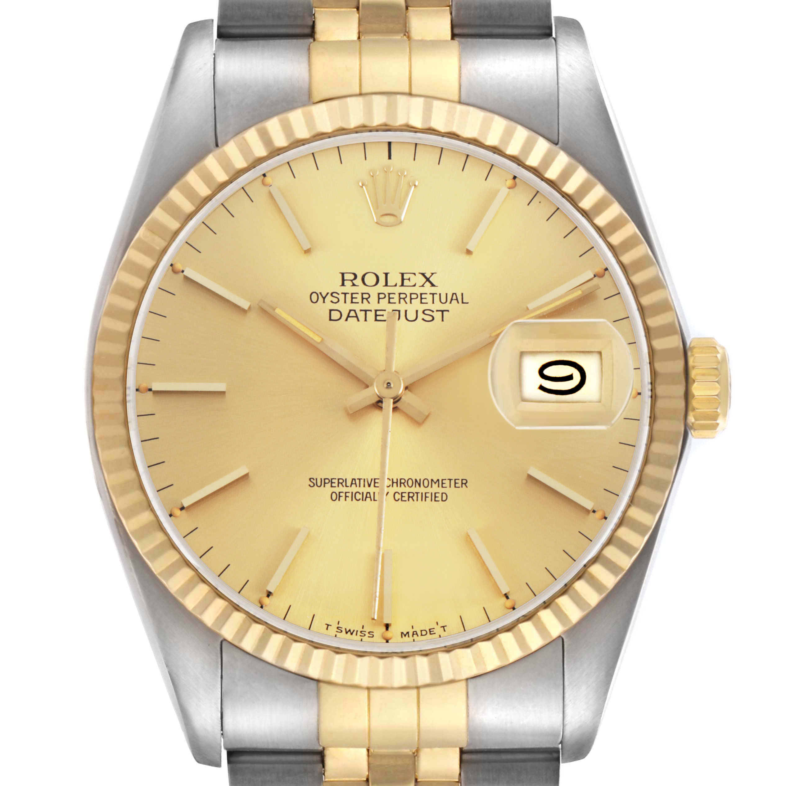 The Rolex Datejust 16013 Men's Stainless Steel Champagne Dial watch is shown from a front angle featuring its dial, fluted bezel, and part of the bracelet.