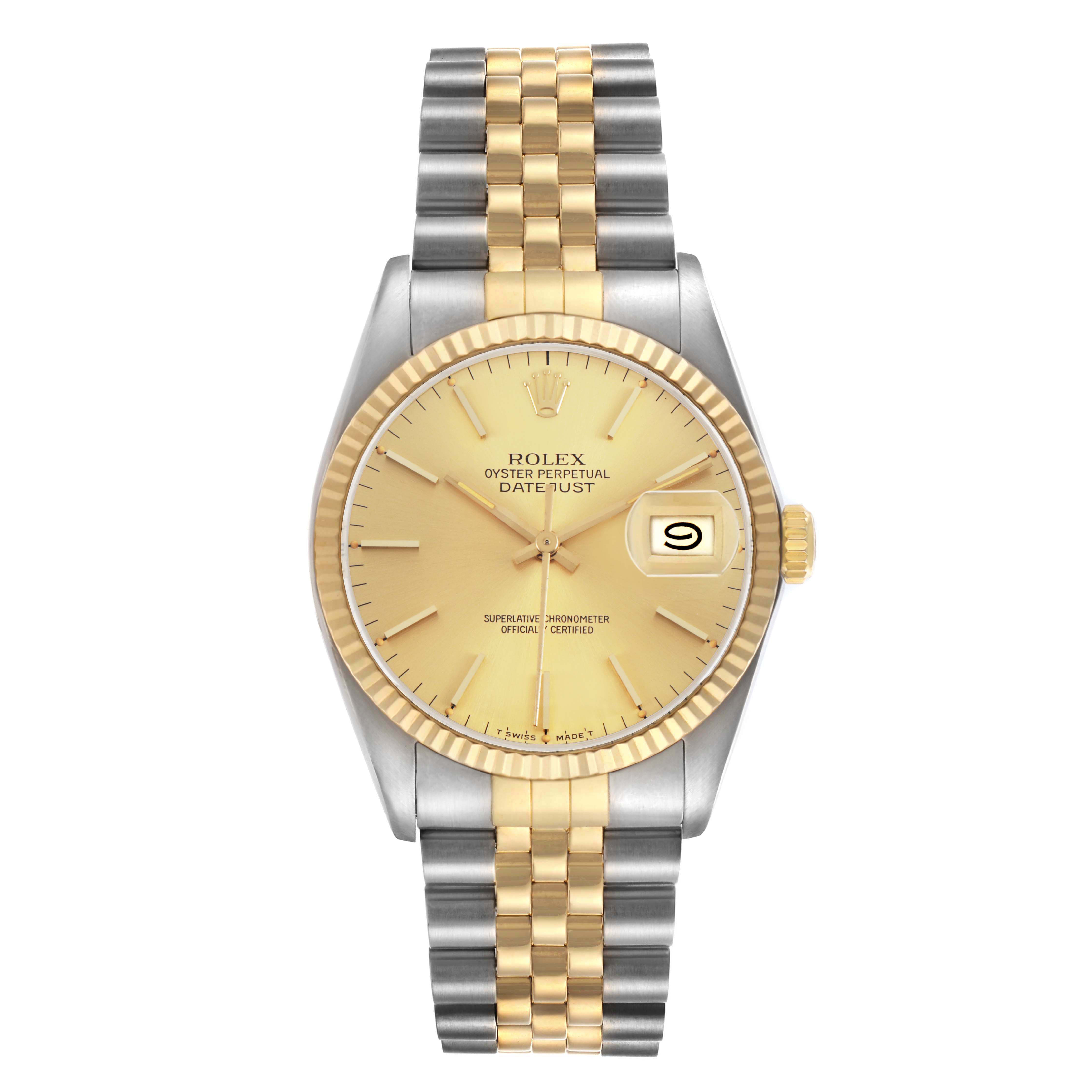 The Rolex Datejust 16013 Men's Stainless Steel Champagne Dial watch is shown from a front angle, featuring its two-tone Jubilee bracelet, gold dial, and date window with cyclops lens.