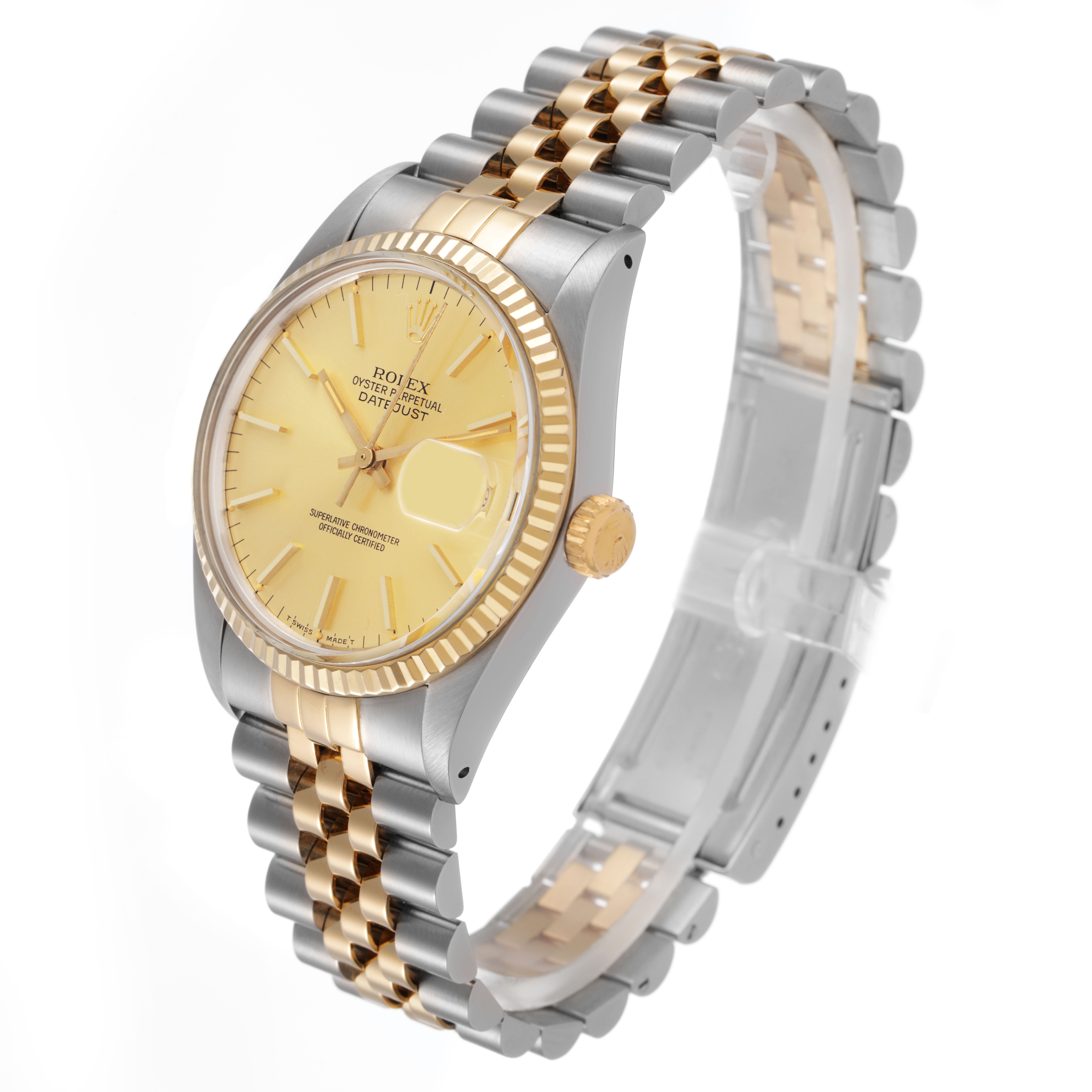 The Rolex Datejust 16013 Men's Stainless Steel Champagne Dial watch is shown at a three-quarter angle, highlighting the face, bezel, crown, and Jubilee bracelet.