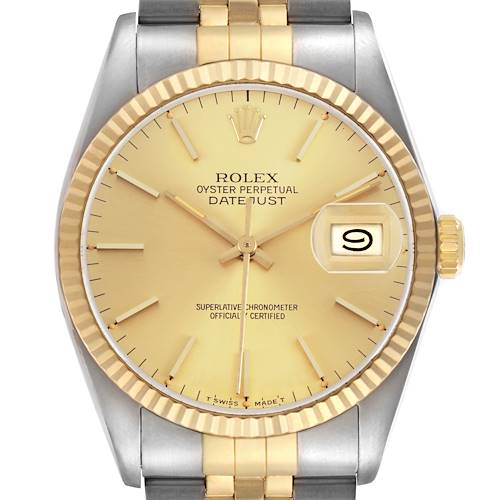 The image shows a frontal view of a Rolex Datejust 16013 Men's Stainless Steel Champagne Dial with a gold dial, fluted bezel, and two-tone bracelet.