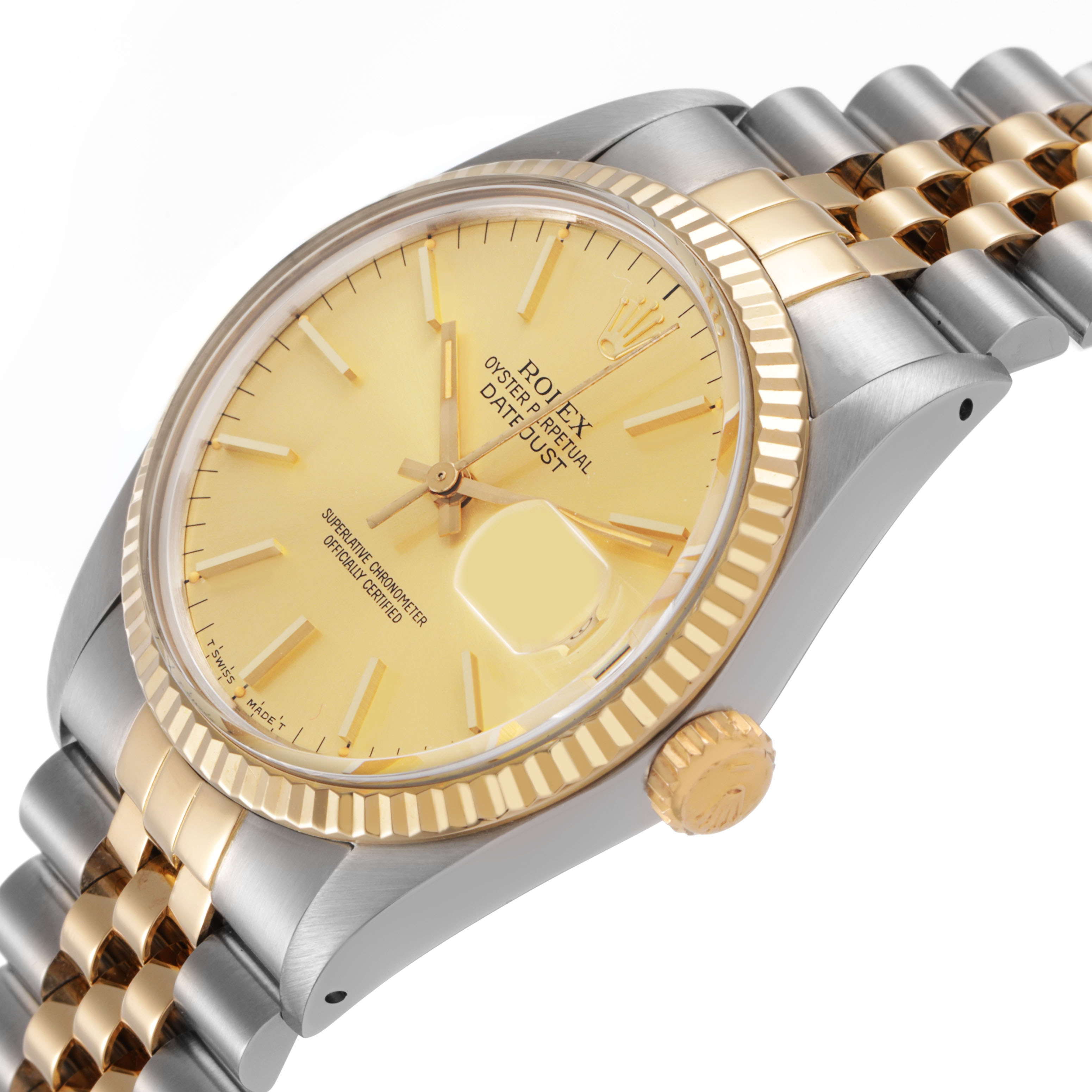 The Rolex Datejust 16013 Men's Stainless Steel Champagne Dial watch is shown at an angle highlighting the face, fluted bezel, crown, and two-tone jubilee bracelet.