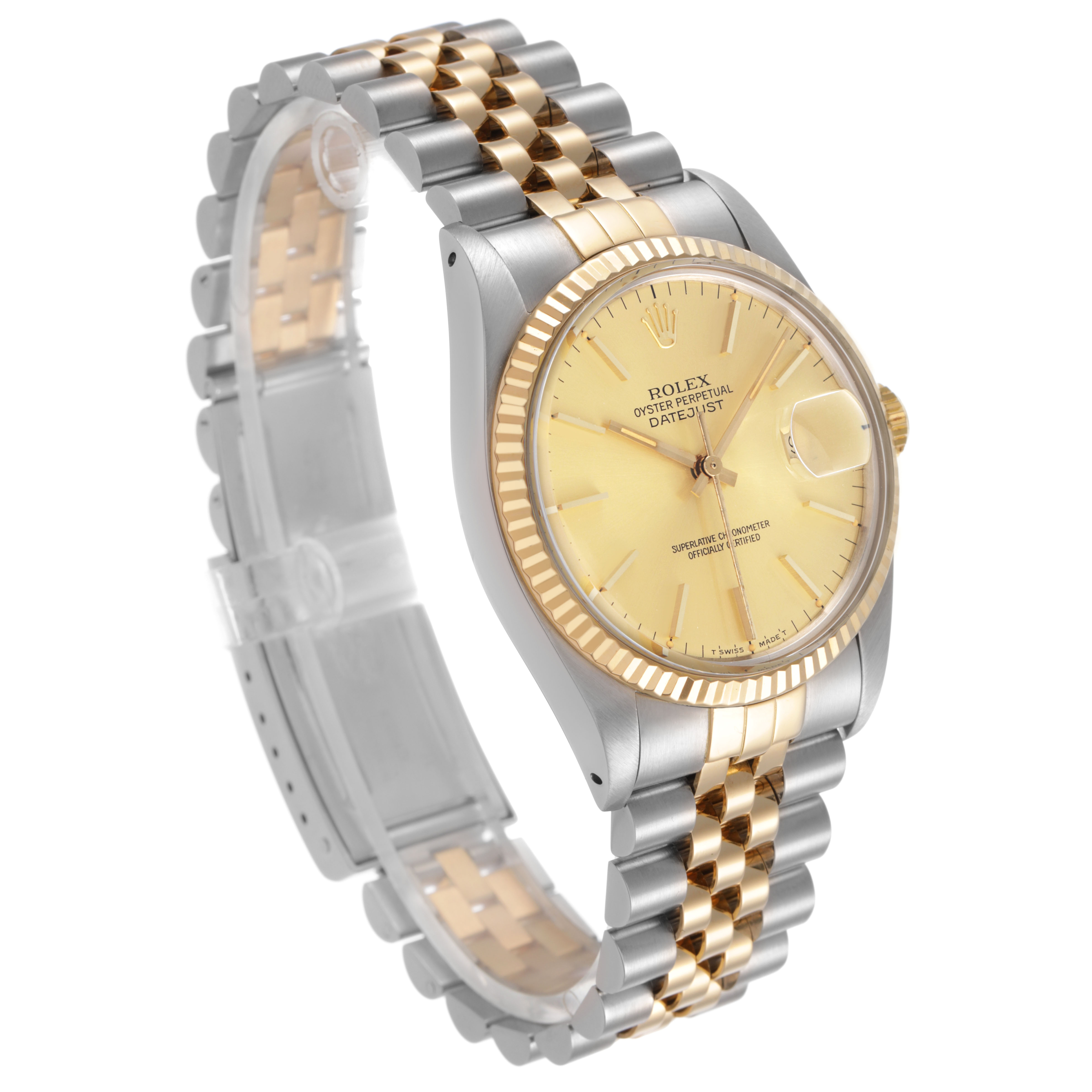 The Rolex Datejust 16013 Men's Stainless Steel Champagne Dial watch is shown at a three-quarter angle, highlighting its gold and silver Jubilee bracelet and fluted bezel.