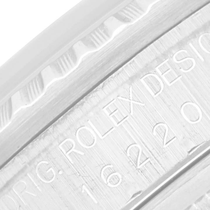 The image shows an angled close-up of the Rolex engraving and model number on a Datejust watch case.