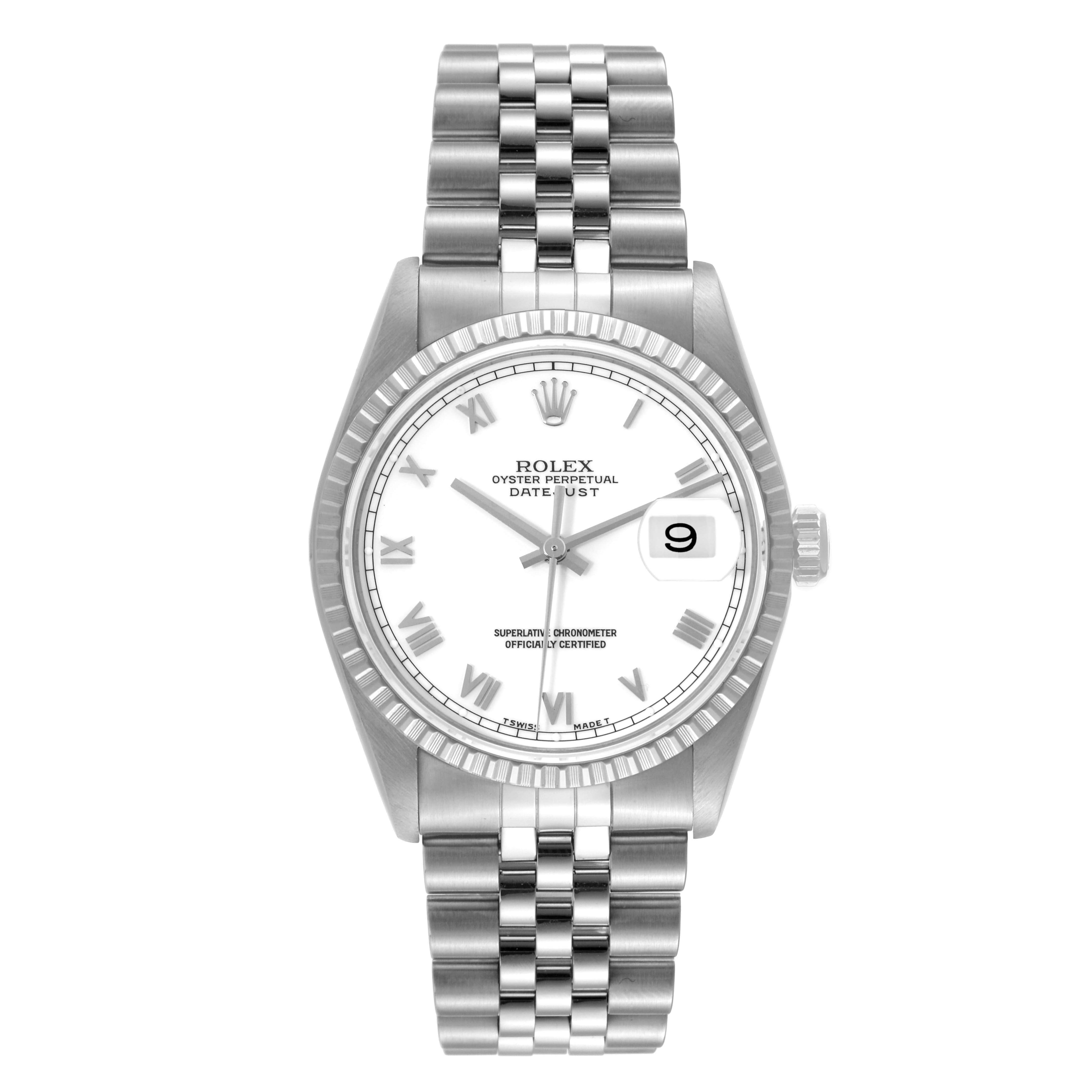 The image shows a front view of a Rolex Datejust 16220 Men's Stainless Steel White Dial 16220 Men's Stainless Steel White Dial watch, displaying its dial, bezel, and bracelet.