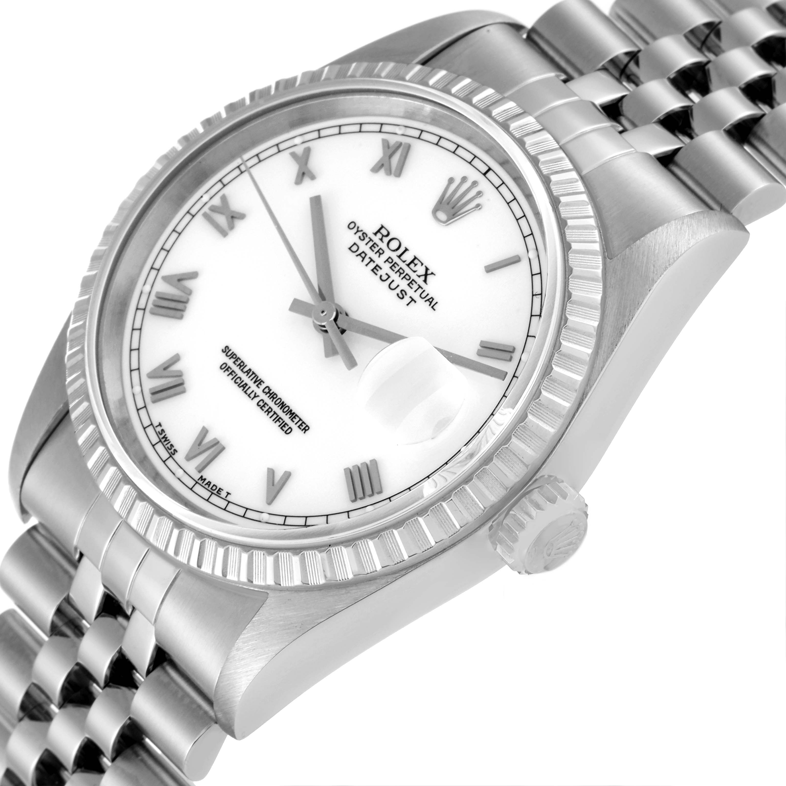 This image shows a close-up angled view of the Rolex Datejust 16220 Men's Stainless Steel White Dial 16220 Men's Stainless Steel White Dial watch, highlighting the dial, bezel, and part of the bracelet.