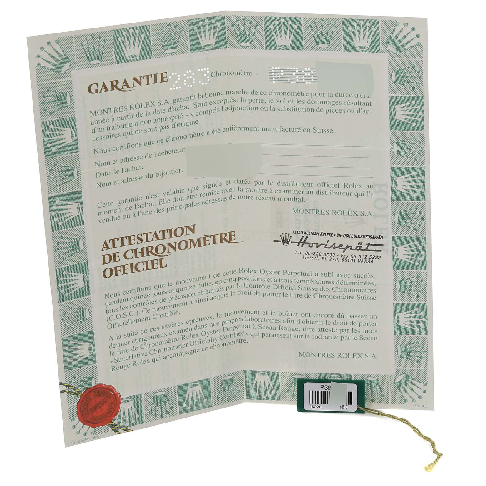 The image shows the warranty certificate and chronometer certification for the Rolex Datejust 16220 Men's Stainless Steel White Dial 16220 Men's Stainless Steel White Dial model.