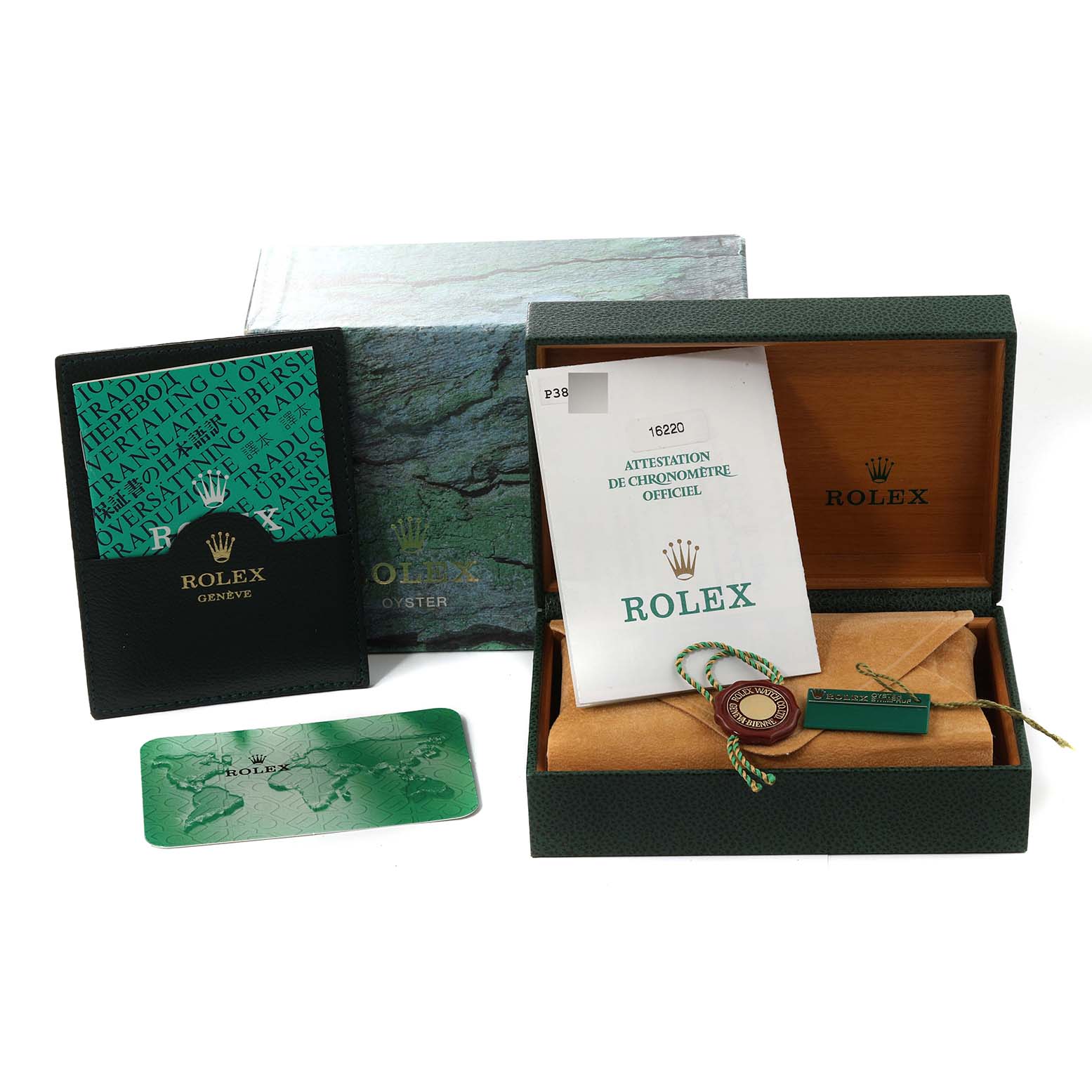 The image shows the packaging and accessories of a Rolex Datejust 16220 Men's Stainless Steel White Dial 16220 Men's Stainless Steel White Dial watch, including the box, papers, and certification.