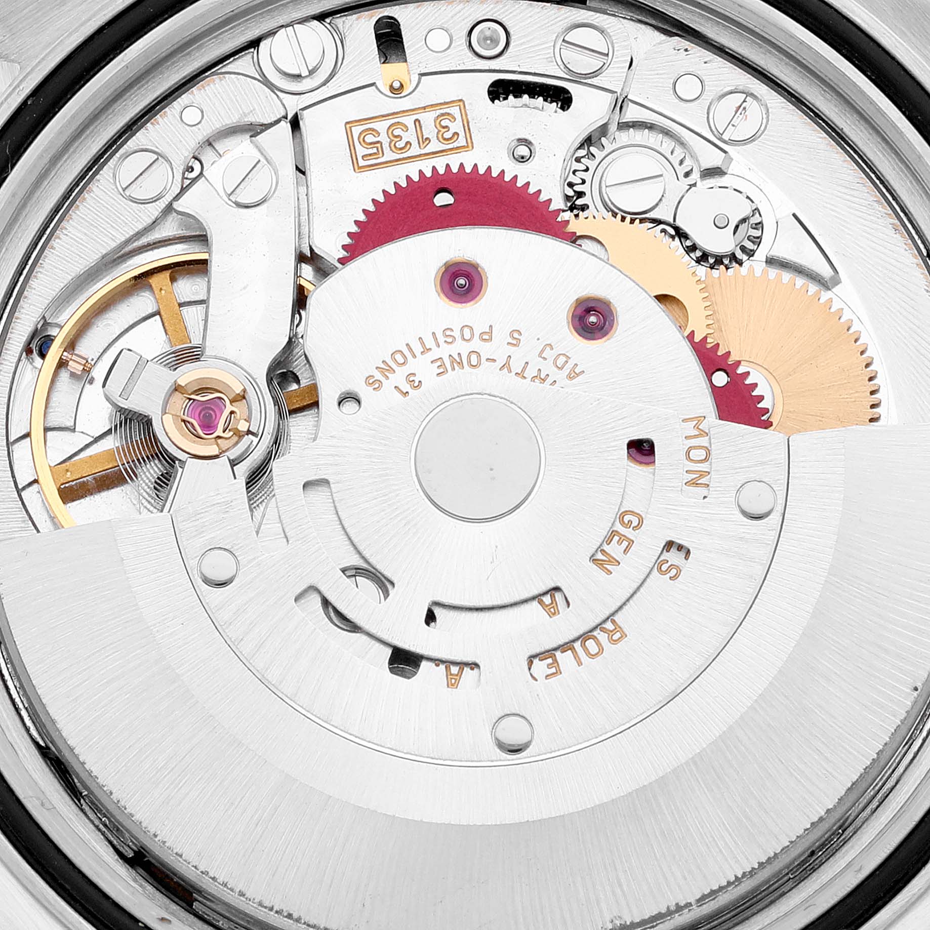 This close-up image shows the intricate gears and mechanisms of the Rolex Datejust 16220 Men's Stainless Steel White Dial 16220 Men's Stainless Steel White Dial's movement from the back.