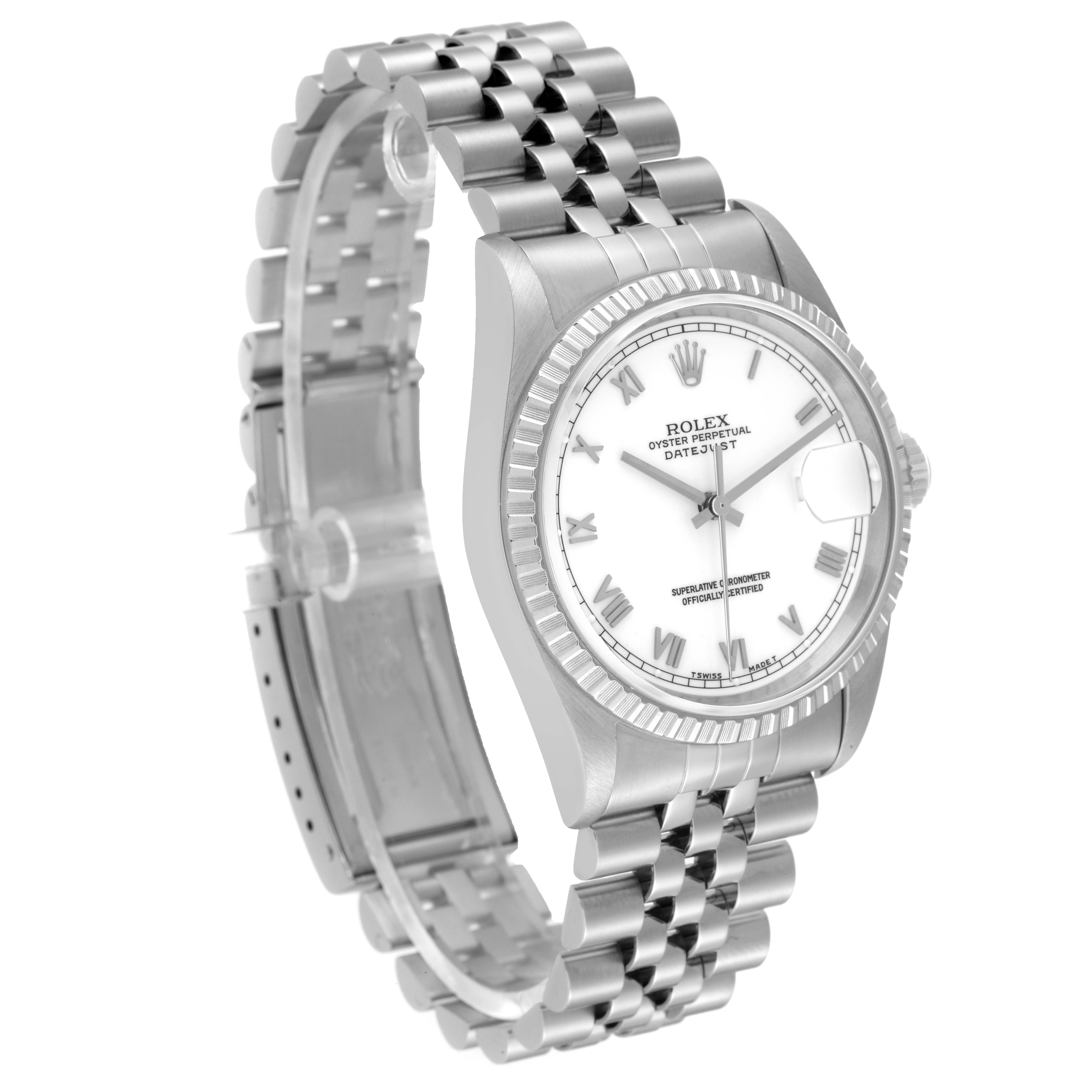 The image shows a Rolex Datejust 16220 Men's Stainless Steel White Dial 16220 Men's Stainless Steel White Dial watch at a three-quarter angle, displaying its face, bezel, and part of the bracelet.