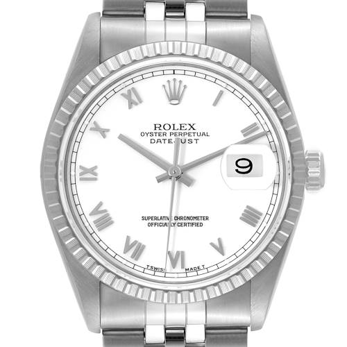 Photo of Rolex Datejust 36 White Roman Dial Steel Mens Watch 16220 Box Papers