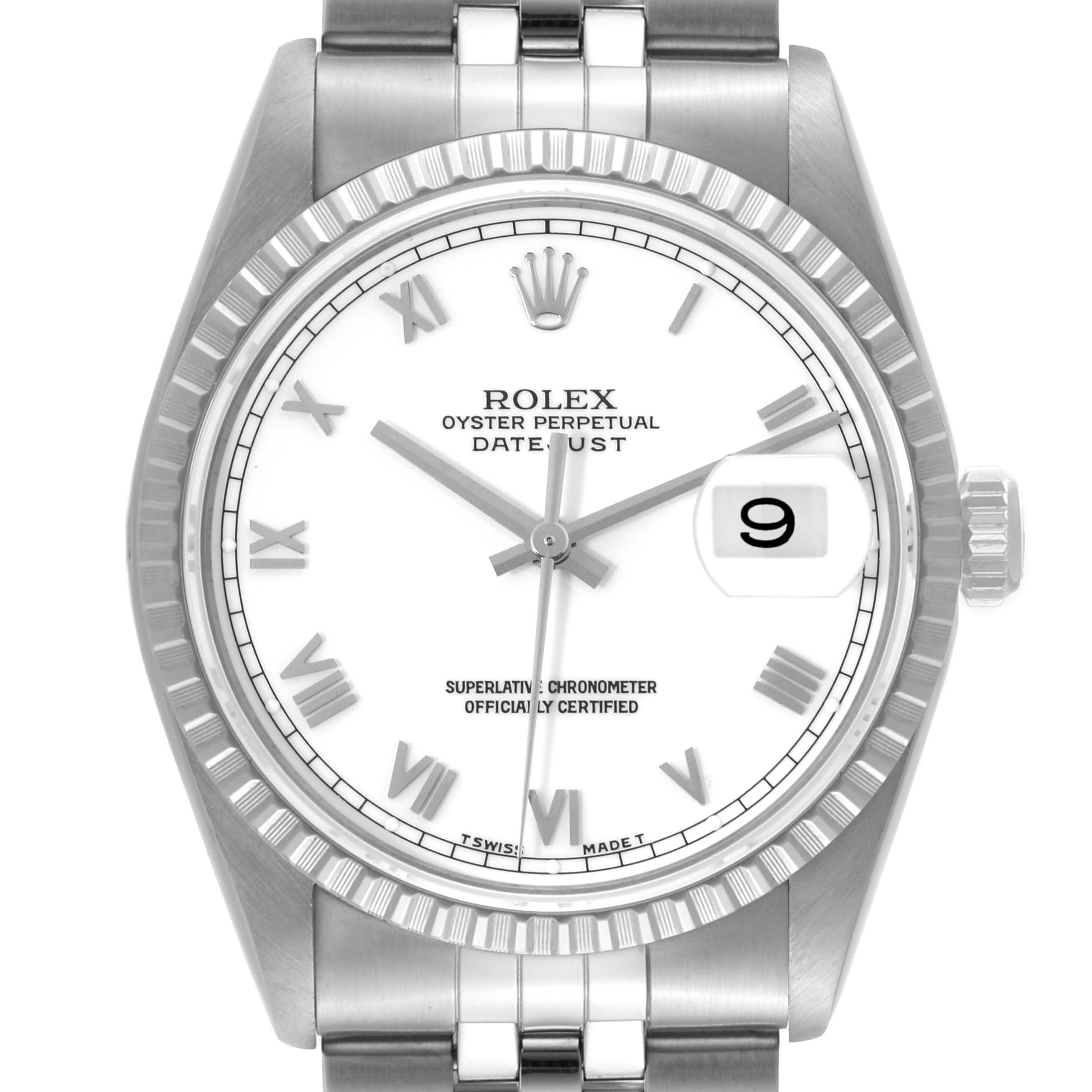 The image shows the Rolex Datejust 16220 Men's Stainless Steel White Dial 16220 Men's Stainless Steel White Dial watch from a front angle, displaying the face, bezel, and part of the bracelet.
