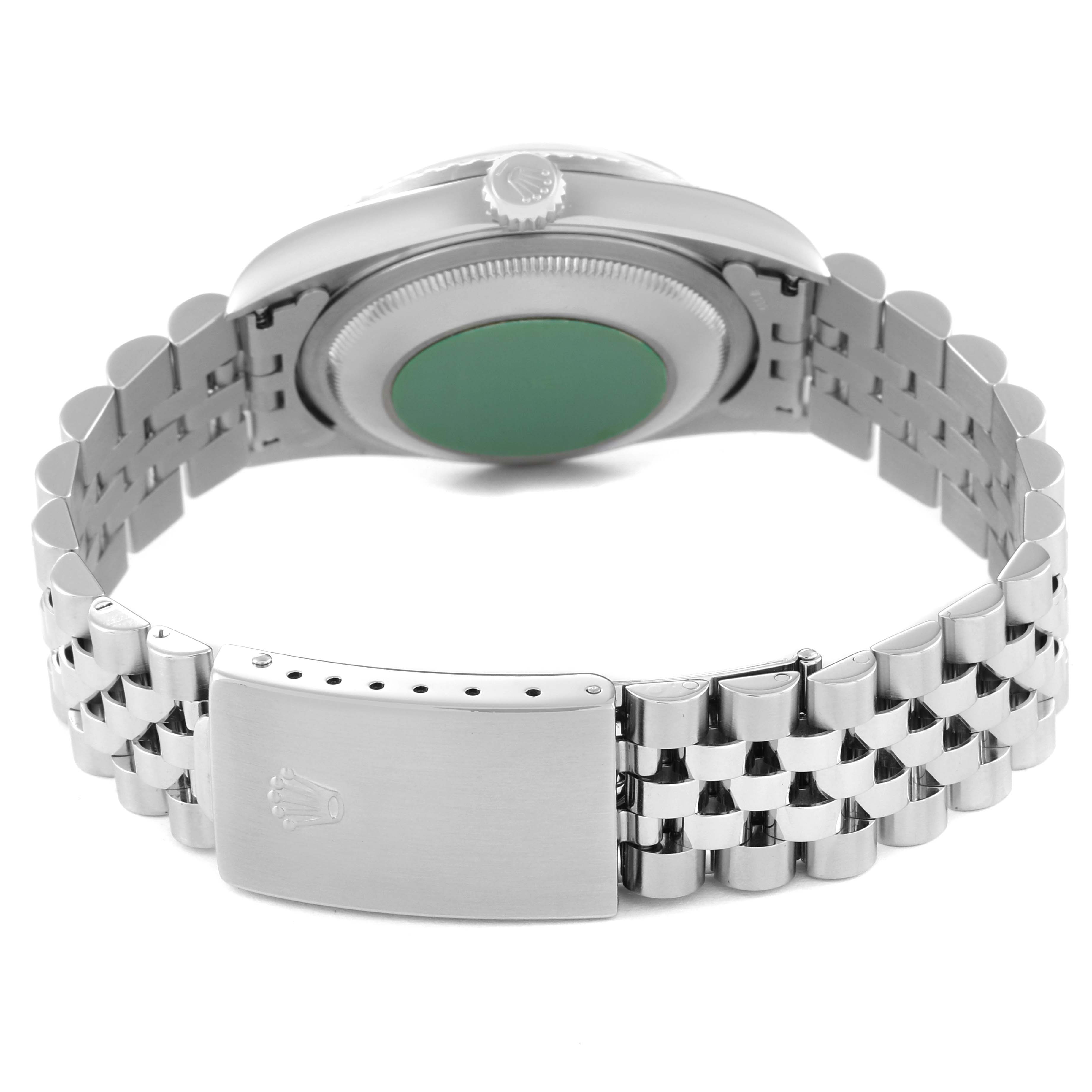 The image shows the back view of a Rolex Datejust 16220 Men's Stainless Steel White Dial 16220 Men's Stainless Steel White Dial watch, highlighting the clasp and bracelet.