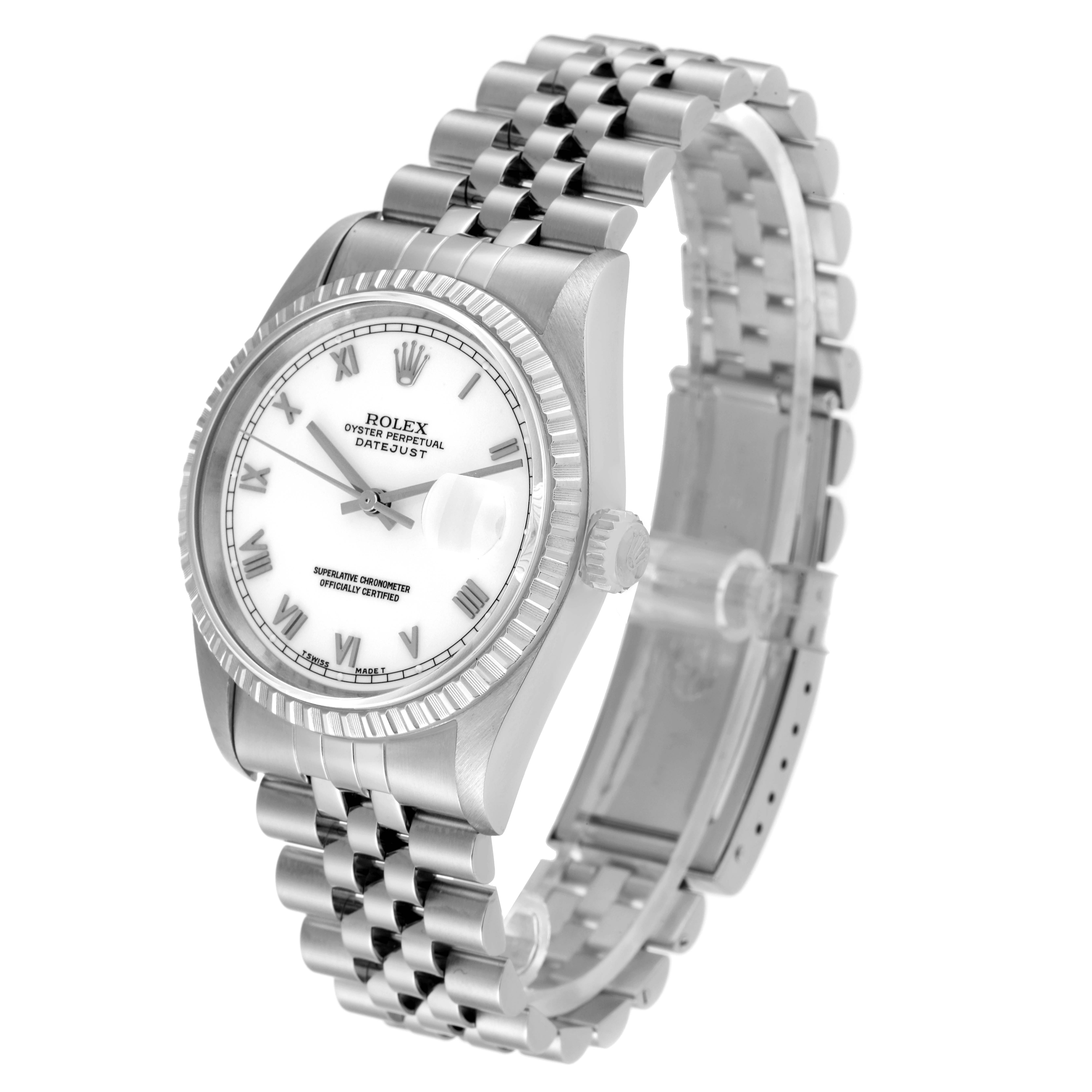 This image shows a Rolex Datejust 16220 Men's Stainless Steel White Dial 16220 Men's Stainless Steel White Dial watch from an oblique angle, highlighting the dial, case, bezel, crown, and bracelet.