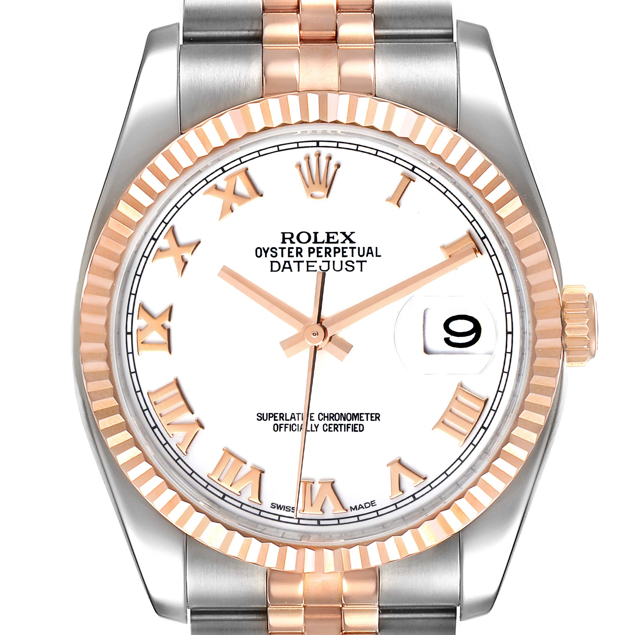 This image shows a front view of the Rolex Datejust 116231 Men's Steel and Gold (two tone) White Dial 116231 Men's Steel and Gold (two tone) White Dial watch, highlighting its face, bezel, crown, and part of the strap.