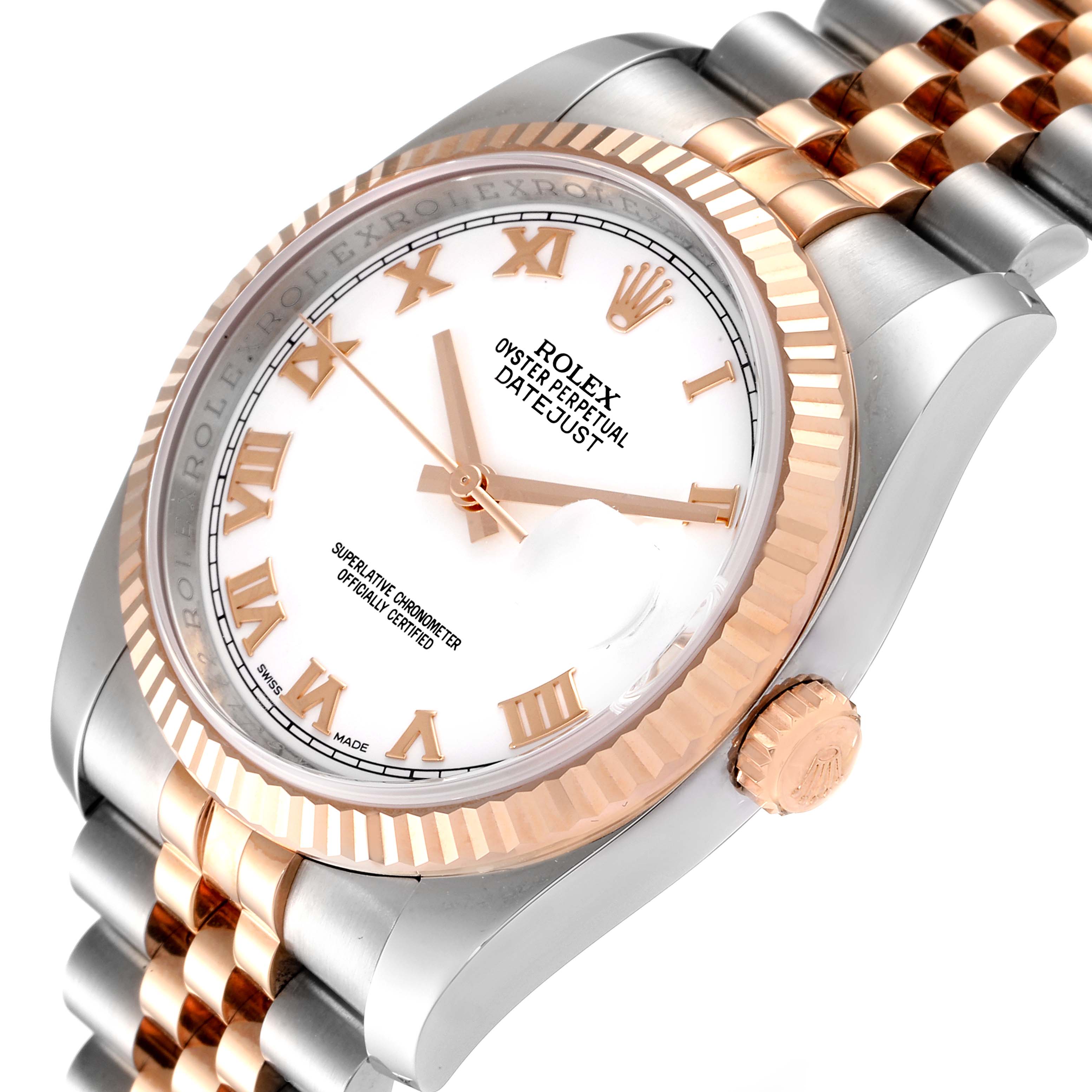 The image shows a Rolex Datejust 116231 Men's Steel and Gold (two tone) White Dial 116231 Men's Steel and Gold (two tone) White Dial watch at a slight angle, highlighting its bezel, dial, crown, and two-tone bracelet.