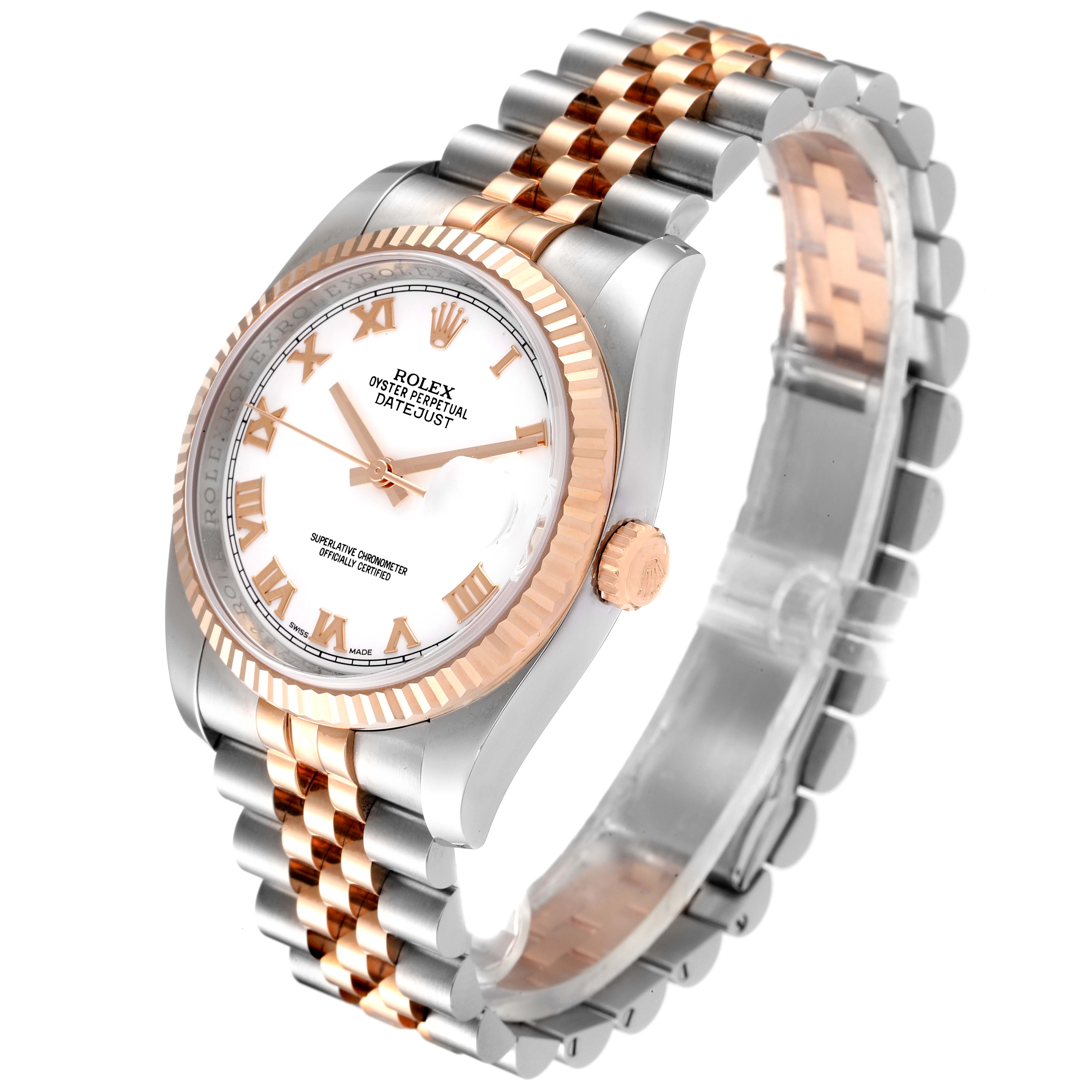 The Rolex Datejust 116231 Men's Steel and Gold (two tone) White Dial 116231 Men's Steel and Gold (two tone) White Dial watch is shown at a three-quarter angle, highlighting the face, bezel, crown, and bracelet.