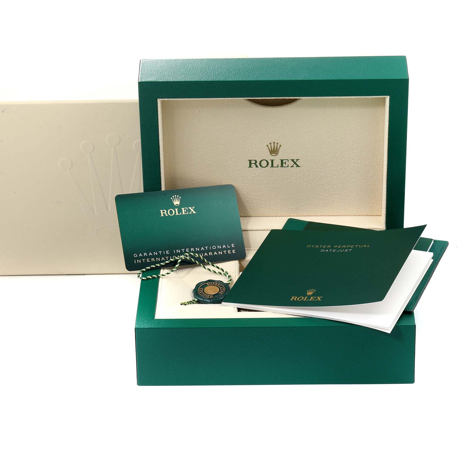 The image shows the packaging and accessories for a Rolex Datejust 116231 Men's Steel and Gold (two tone) White Dial 116231 Men's Steel and Gold (two tone) White Dial, including the box, warranty card, booklets, and tag.
