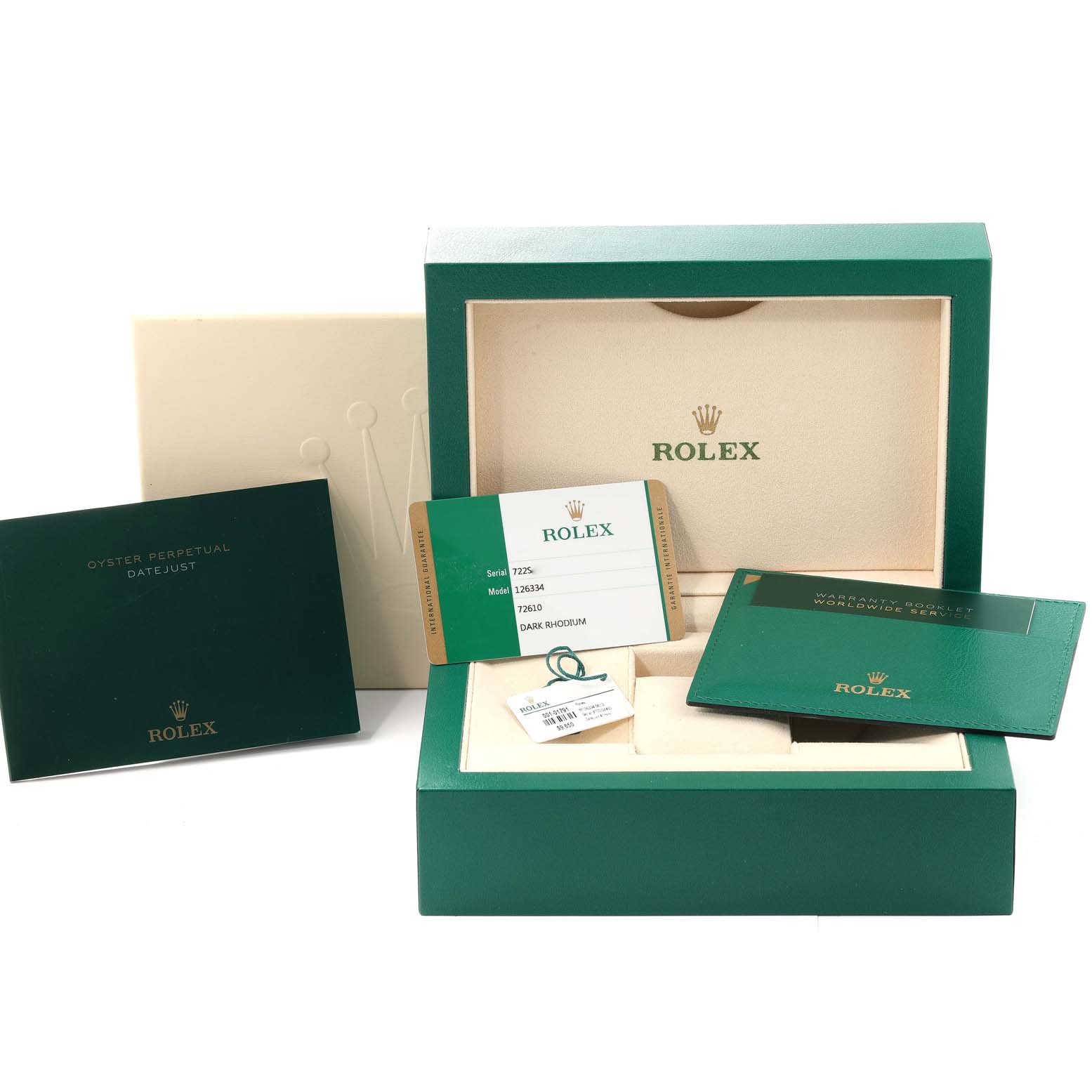 The image shows the packaging and accessories, including the warranty card and booklets, for a Rolex Datejust 41 126334 Men
s Stainless Steel Grey Dial 126334 Men
s Stainless Steel Grey Dial watch.