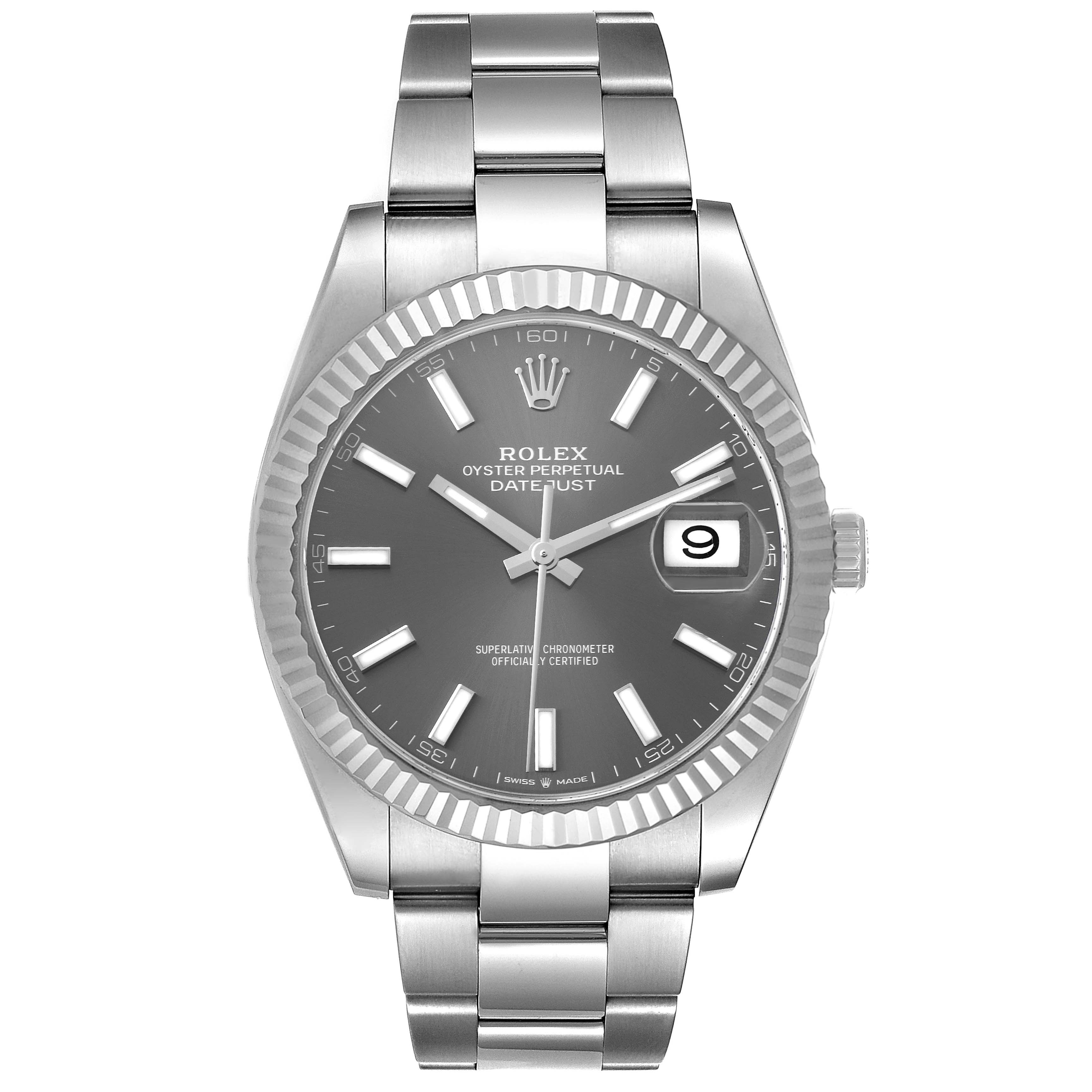 The image shows a frontal view of the Rolex Datejust 41 126334 Men
s Stainless Steel Grey Dial 126334 Men
s Stainless Steel Grey Dial model, displaying the entire watch face, bezel, and bracelet.