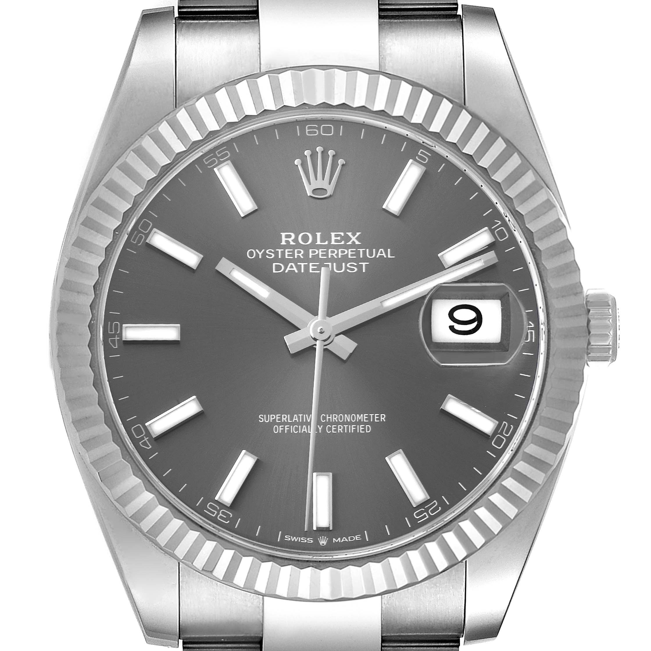 The image shows a front angle of the Rolex Datejust 41 126334 Men
s Stainless Steel Grey Dial 126334 Men
s Stainless Steel Grey Dial watch displaying its face, fluted bezel, and crown.