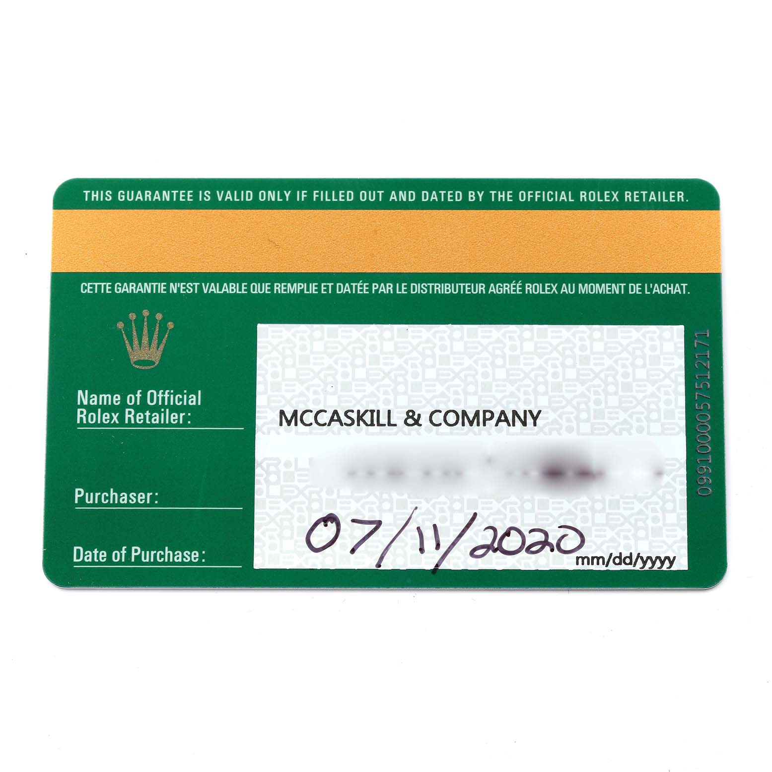 This image shows a green Rolex warranty card for the Datejust 41 model with purchase details.