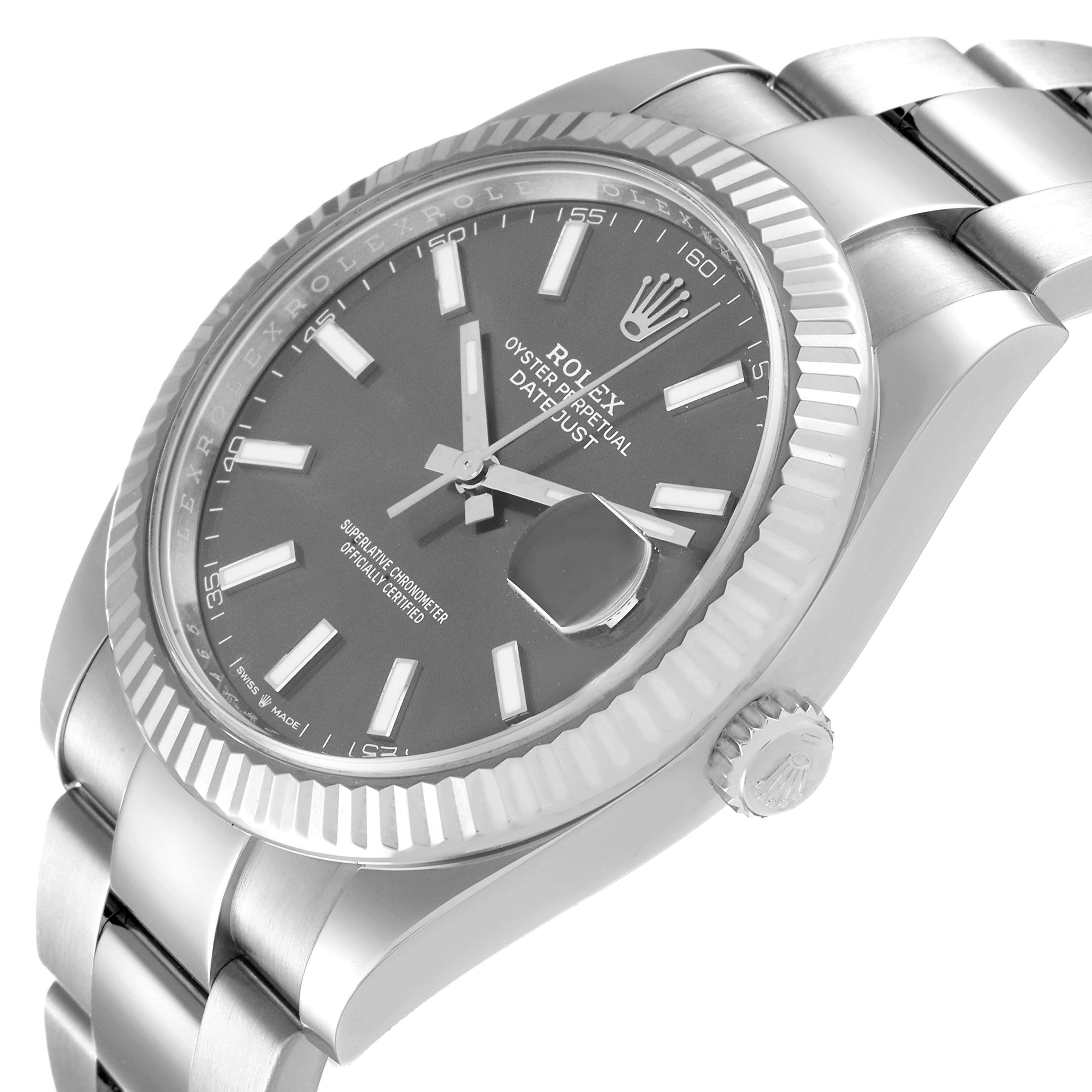 The image shows a Rolex Datejust 41 126334 Men
s Stainless Steel Grey Dial 126334 Men
s Stainless Steel Grey Dial watch angled slightly from the front, highlighting the dial, bezel, and bracelet.