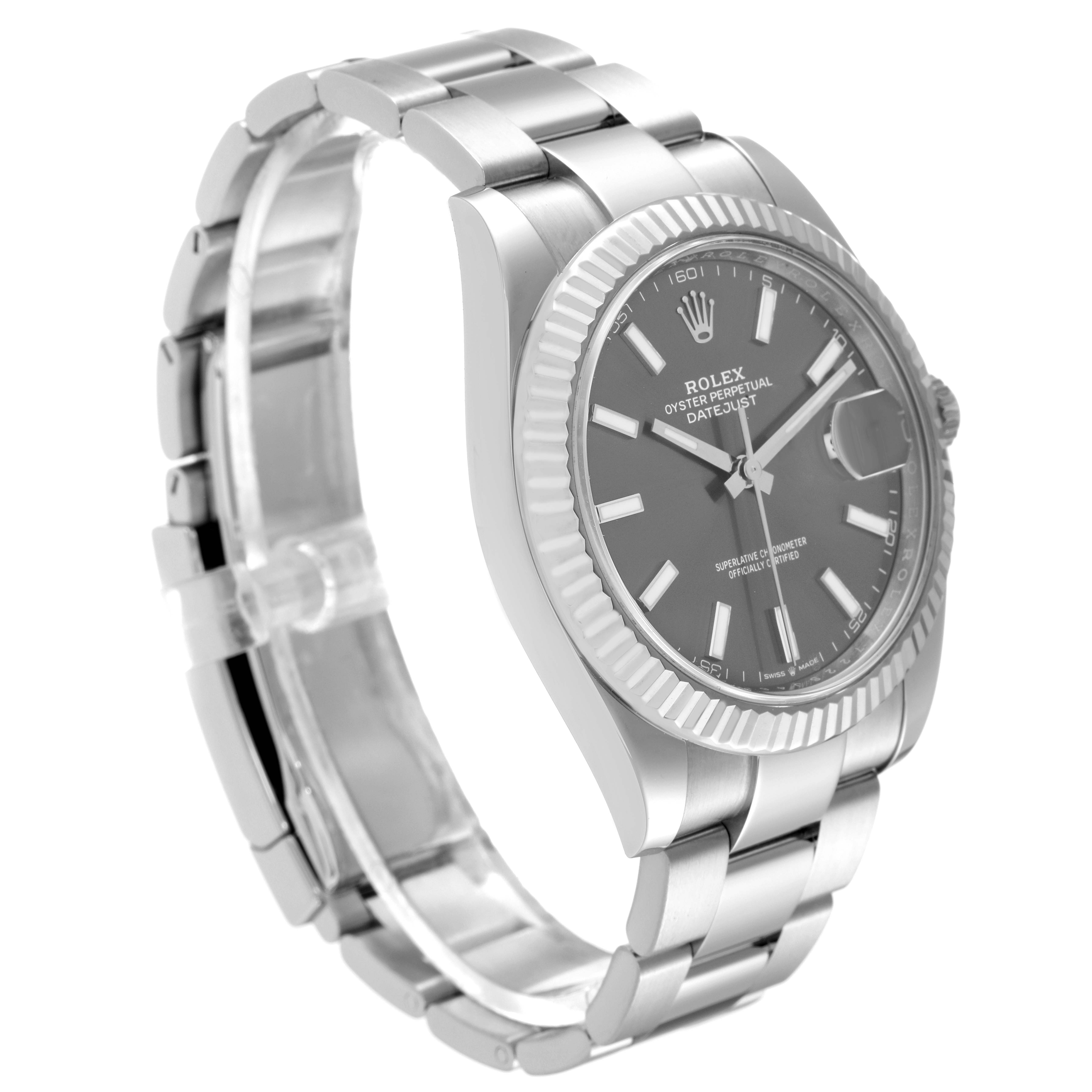The Rolex Datejust 41 126334 Men
s Stainless Steel Grey Dial 126334 Men
s Stainless Steel Grey Dial watch is shown at a slight angle from the front, displaying its dial, fluted bezel, and metal bracelet.
