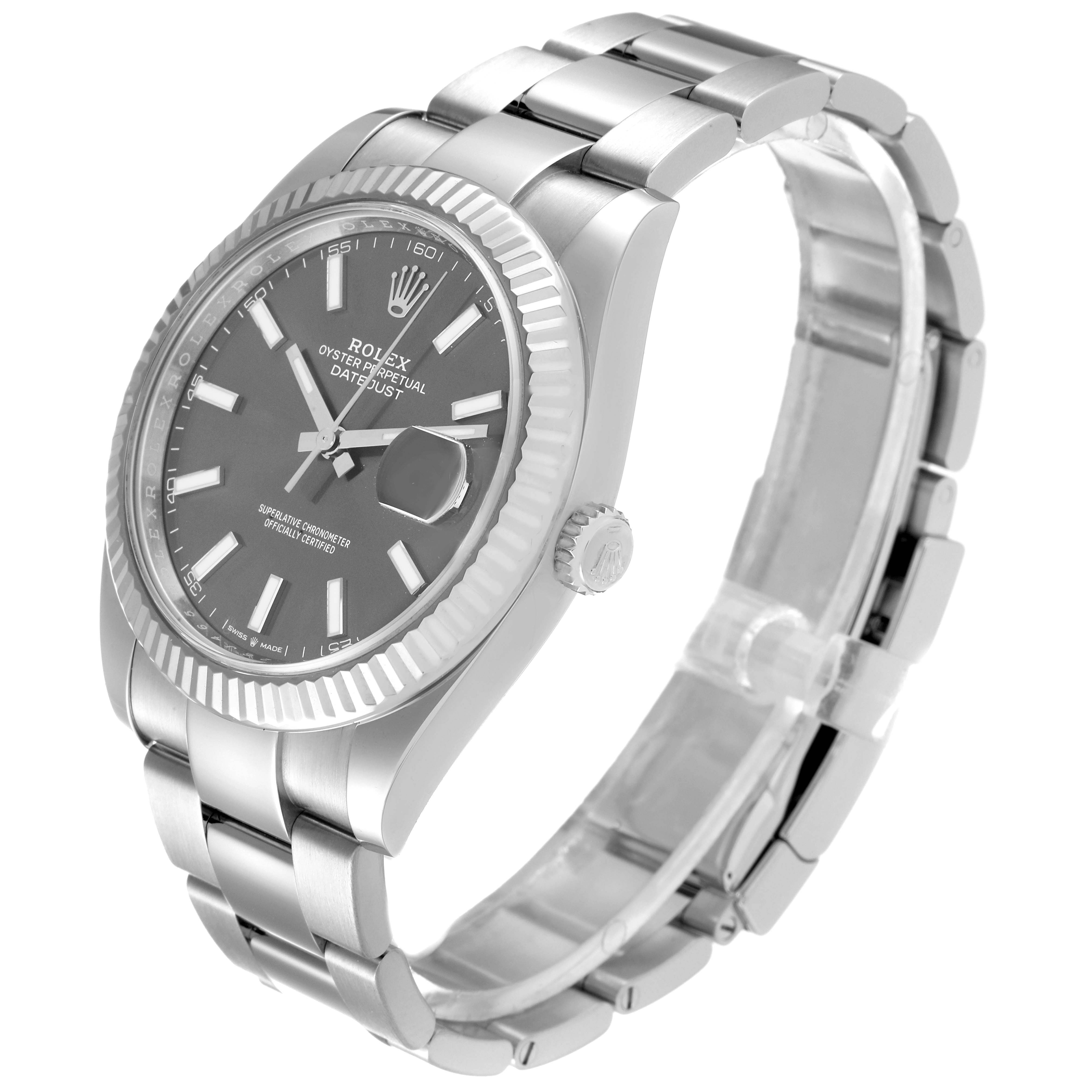 This image shows a Rolex Datejust 41 126334 Men
s Stainless Steel Grey Dial 126334 Men
s Stainless Steel Grey Dial model watch from an angled side view, showcasing its face, bezel, crown, and bracelet.