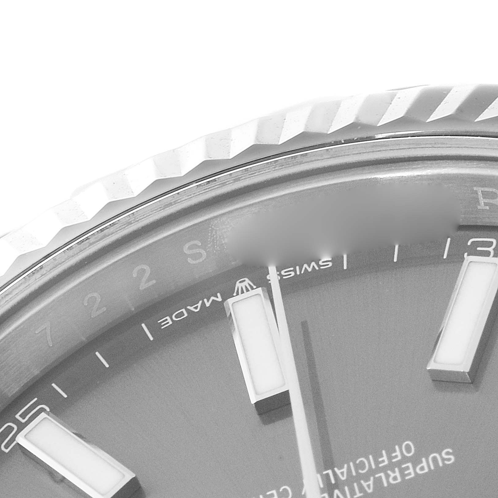 The image shows a close-up of the face and bezel of a Rolex Datejust 41 126334 Men
s Stainless Steel Grey Dial 126334 Men
s Stainless Steel Grey Dial watch.