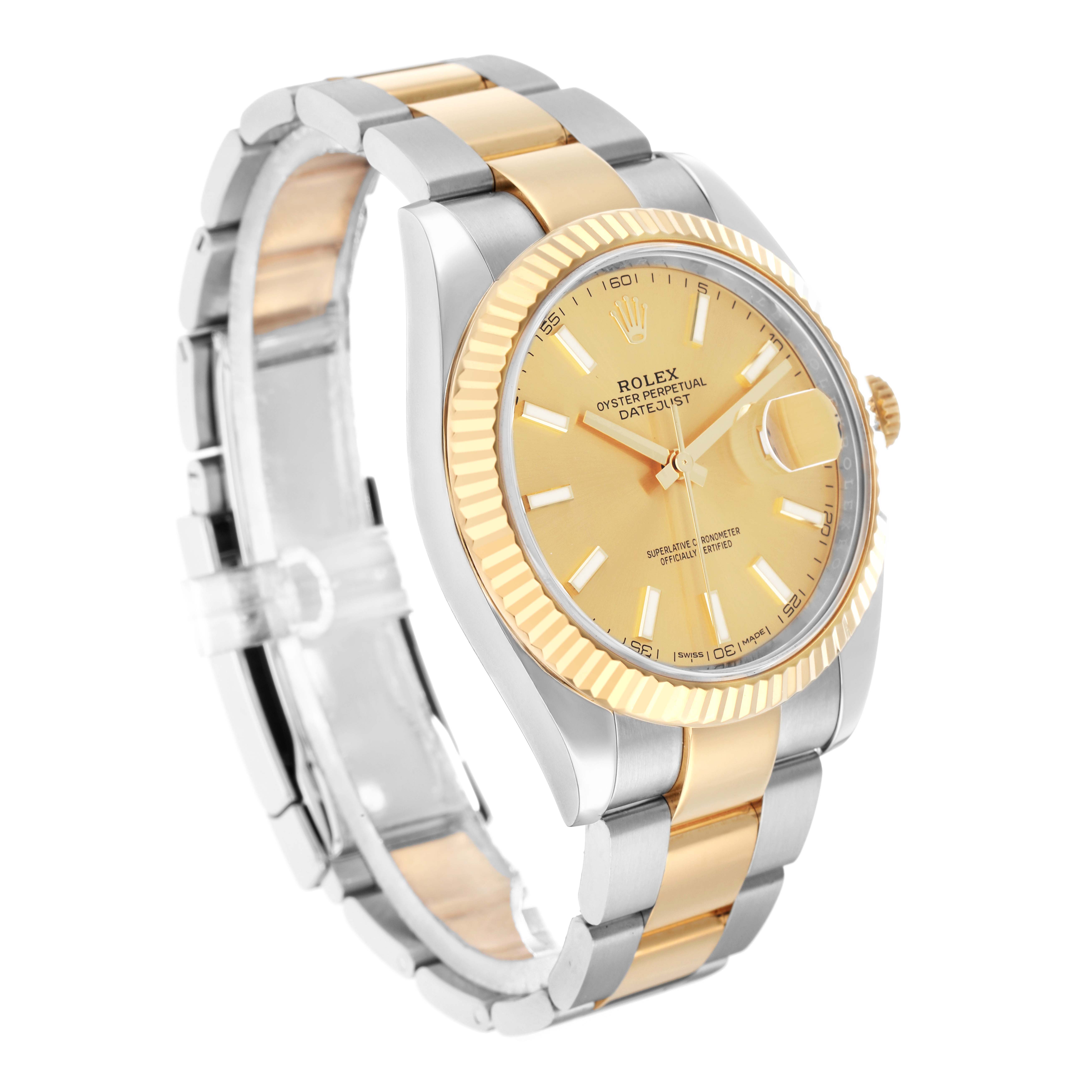 The Rolex Datejust 41 126333 Men
s Steel and Gold (two tone) Champagne Dial is shown at a slight angle, revealing the face, fluted bezel, and the two-tone bracelet.