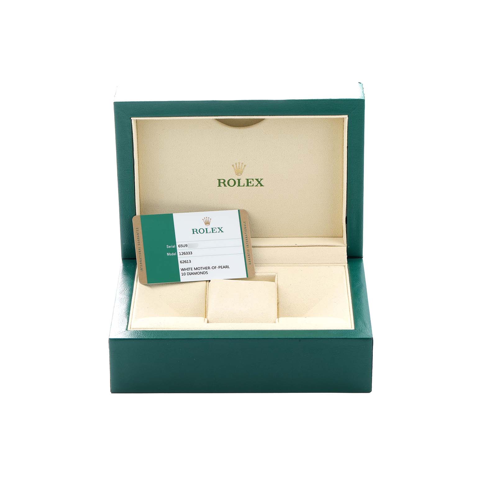 The image shows the open presentation box of a Rolex Datejust 41 126333 Men
s Steel and Gold (two tone) Champagne Dial, highlighting the box and a warranty card.
