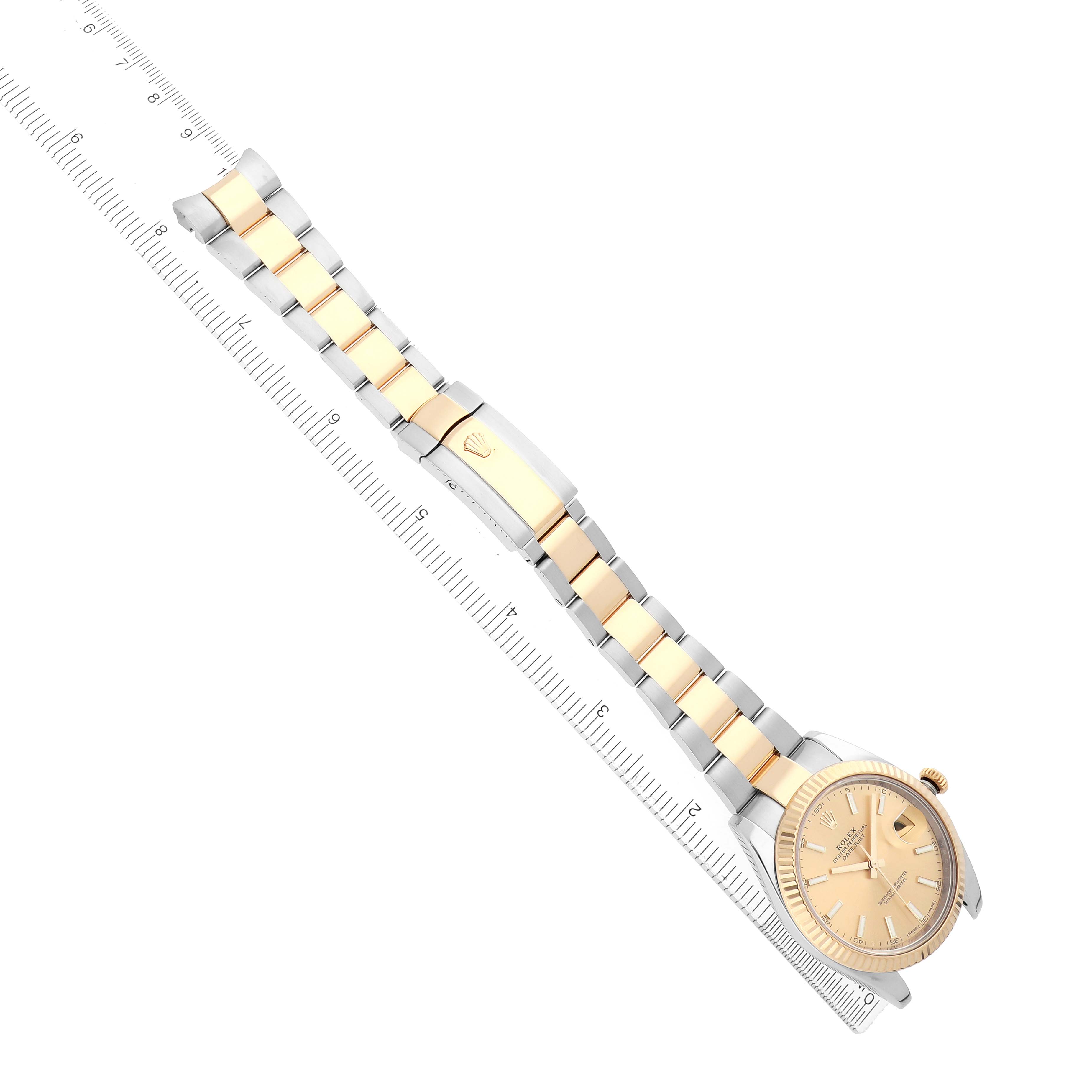 The Rolex Datejust 41 126333 Men
s Steel and Gold (two tone) Champagne Dial watch is shown from an angled side view, highlighting the bracelet, clasp, and face.