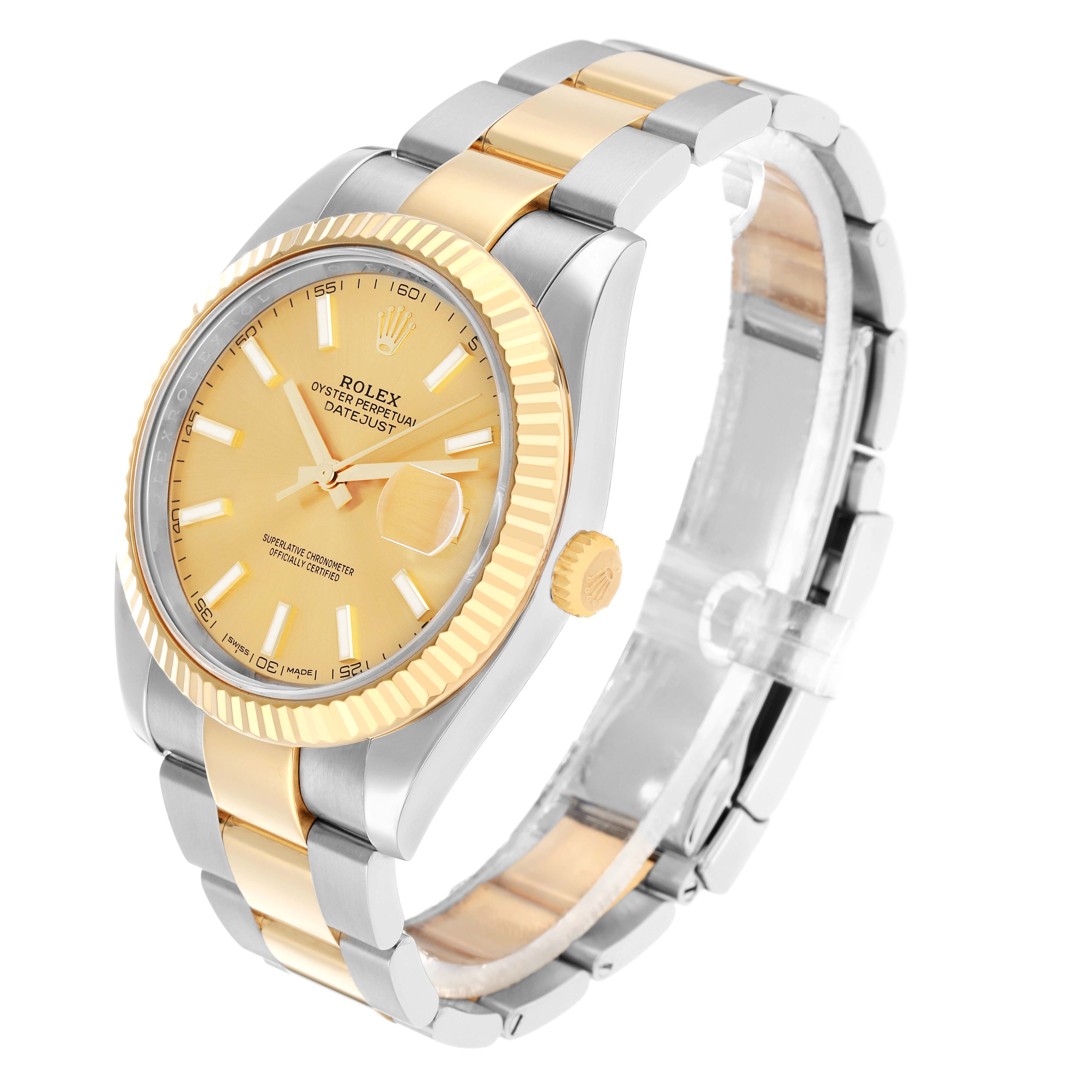 The Rolex Datejust 41 126333 Men
s Steel and Gold (two tone) Champagne Dial is shown at a slight angle, highlighting the gold dial, bezel, crown, and the two-tone bracelet.