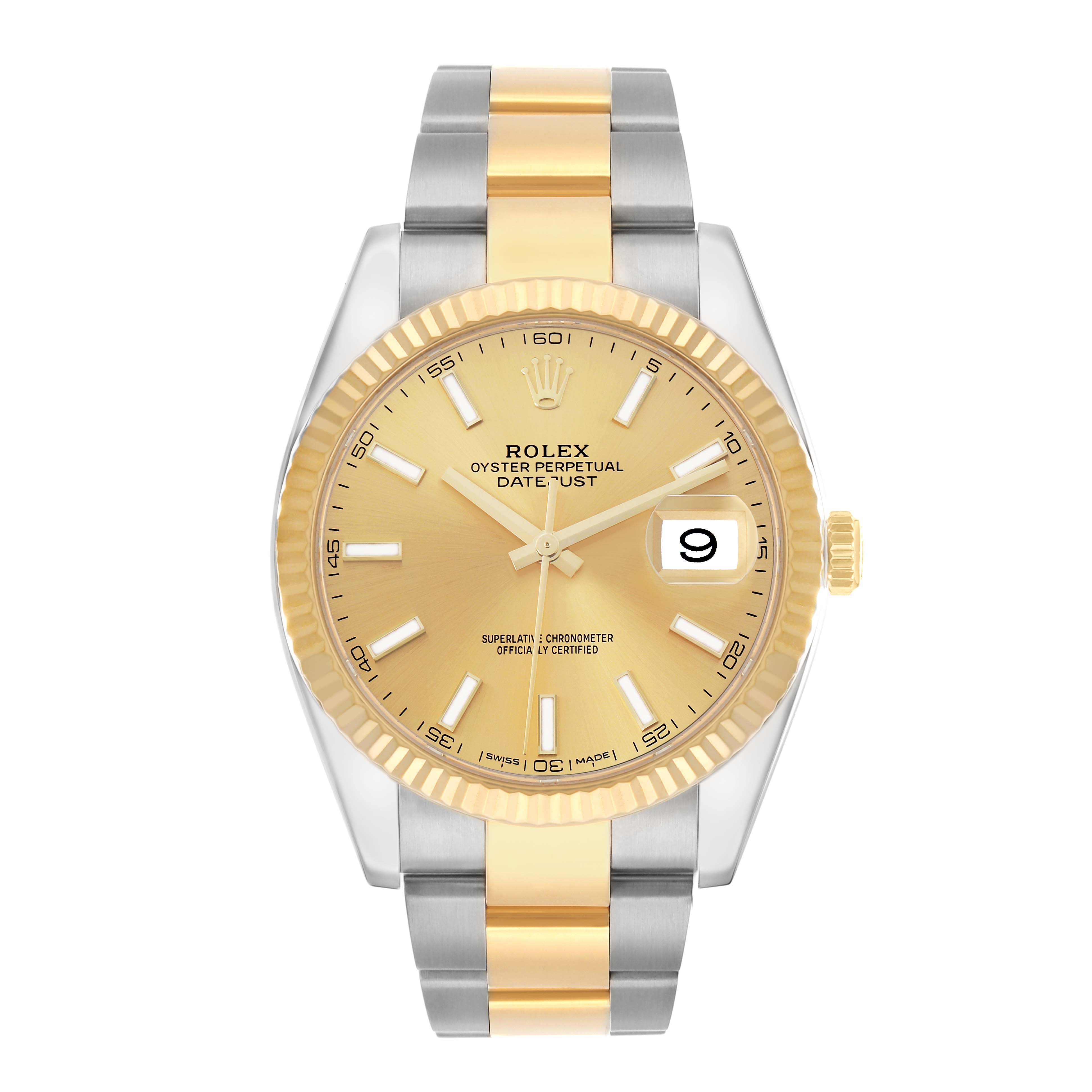 The Rolex Datejust 41 126333 Men
s Steel and Gold (two tone) Champagne Dial is shown from the front, highlighting the gold dial, fluted bezel, and two-tone bracelet.
