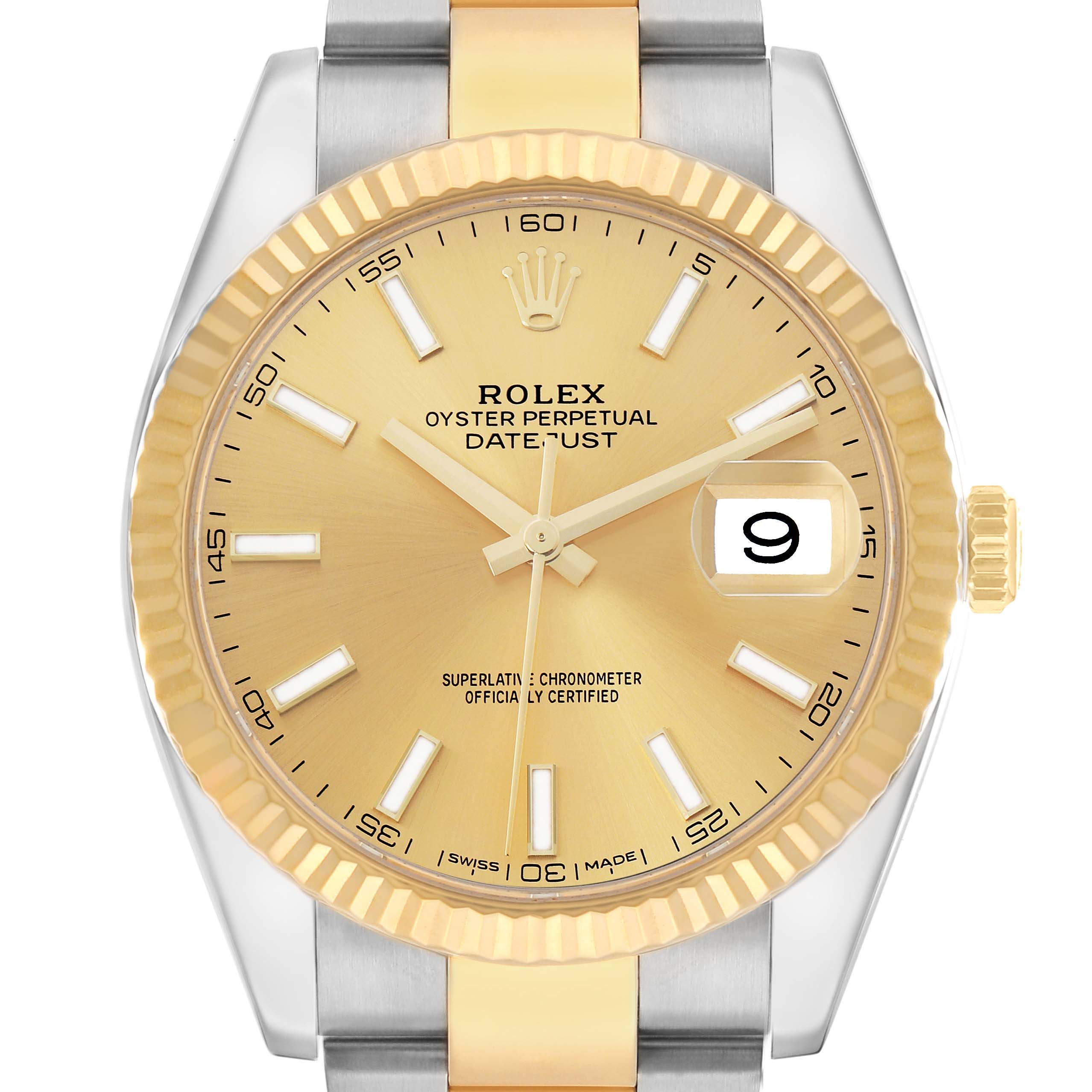 The Rolex Datejust 41 126333 Men
s Steel and Gold (two tone) Champagne Dial is shown from the front, highlighting the dial, fluted bezel, and part of the bracelet.
