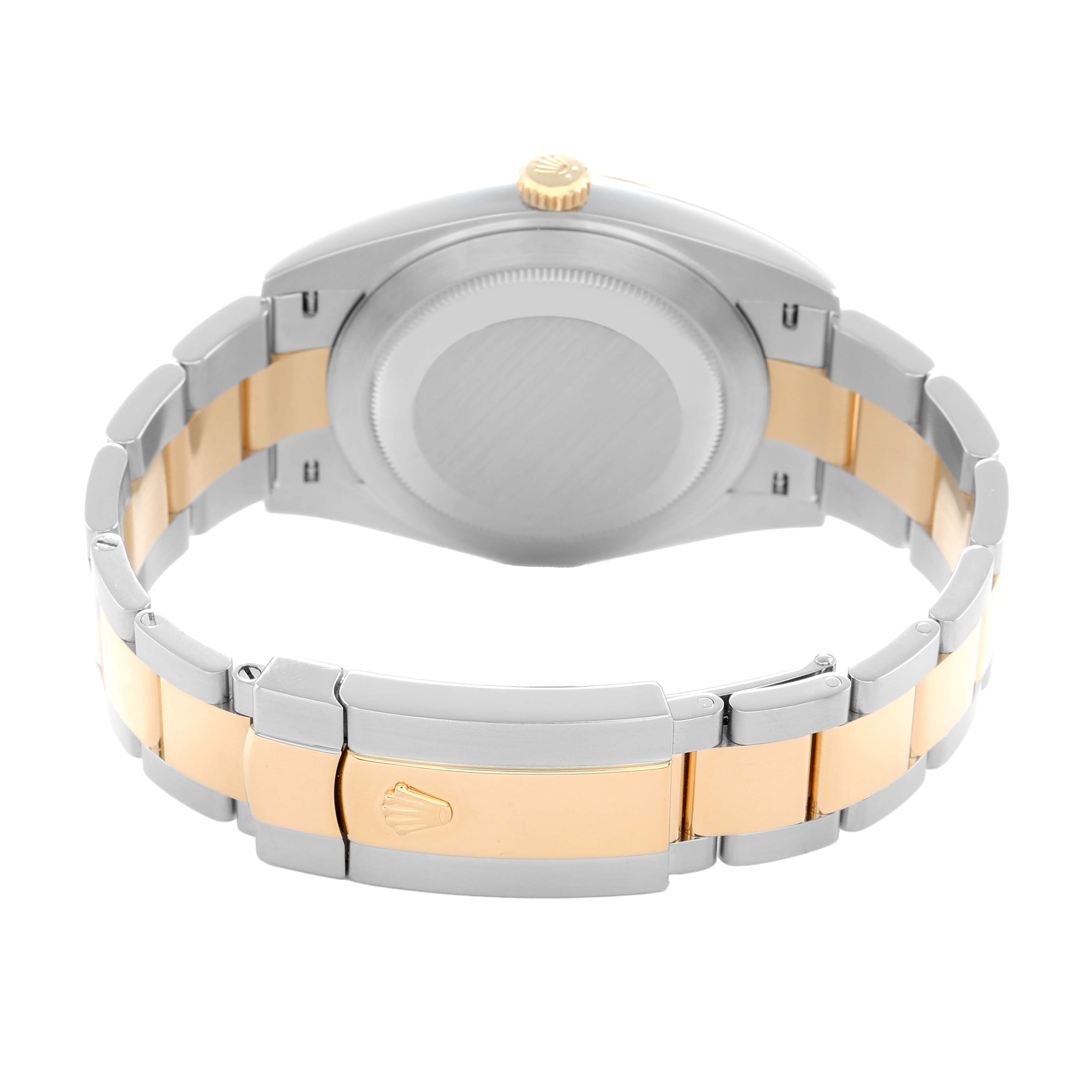 The Rolex Datejust 41 126333 Men
s Steel and Gold (two tone) Champagne Dial is shown from the back, displaying the case back, crown, and two-tone bracelet.