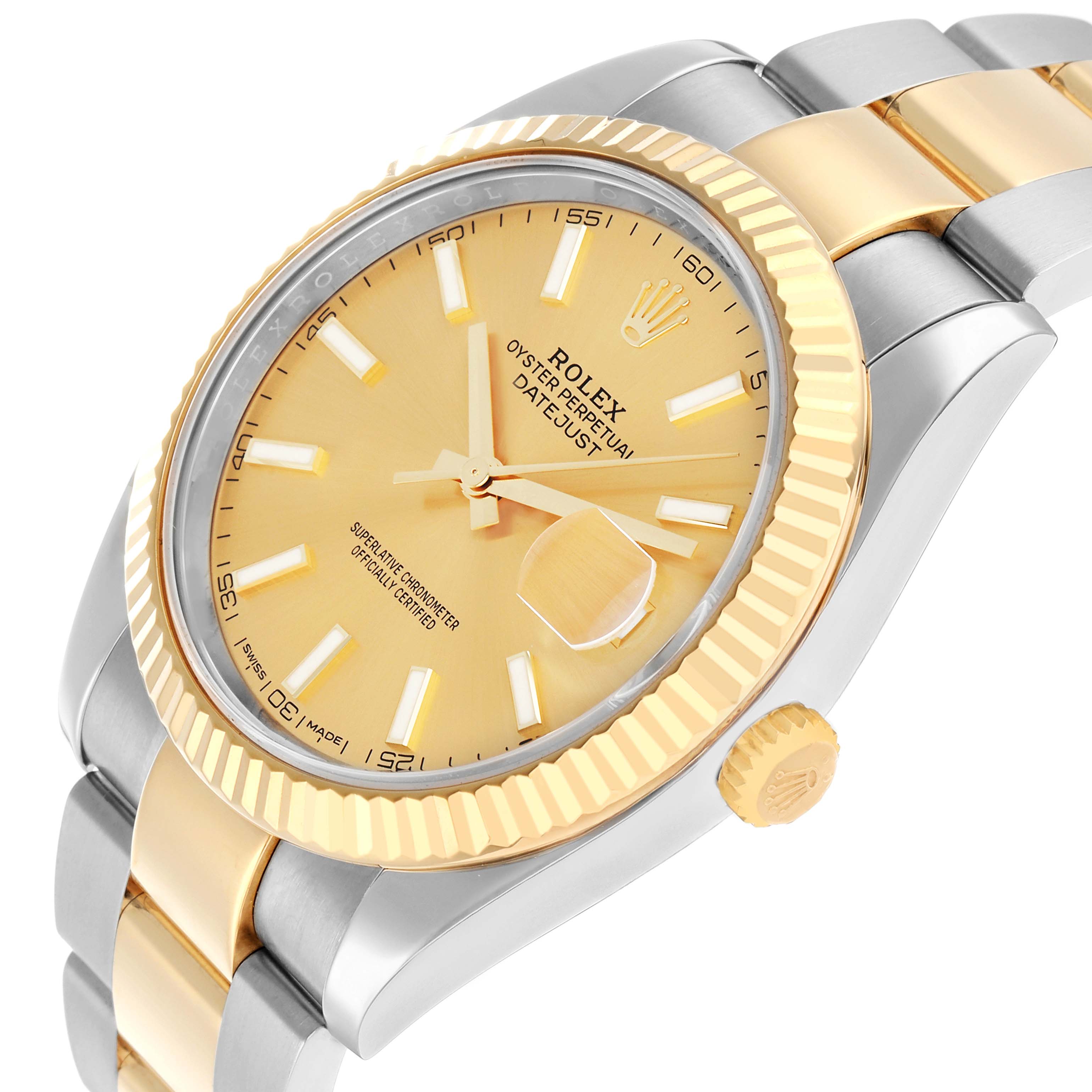 The image shows a Rolex Datejust 41 126333 Men
s Steel and Gold (two tone) Champagne Dial at a slight angle, highlighting the gold bezel, dial, crown, and bracelet.