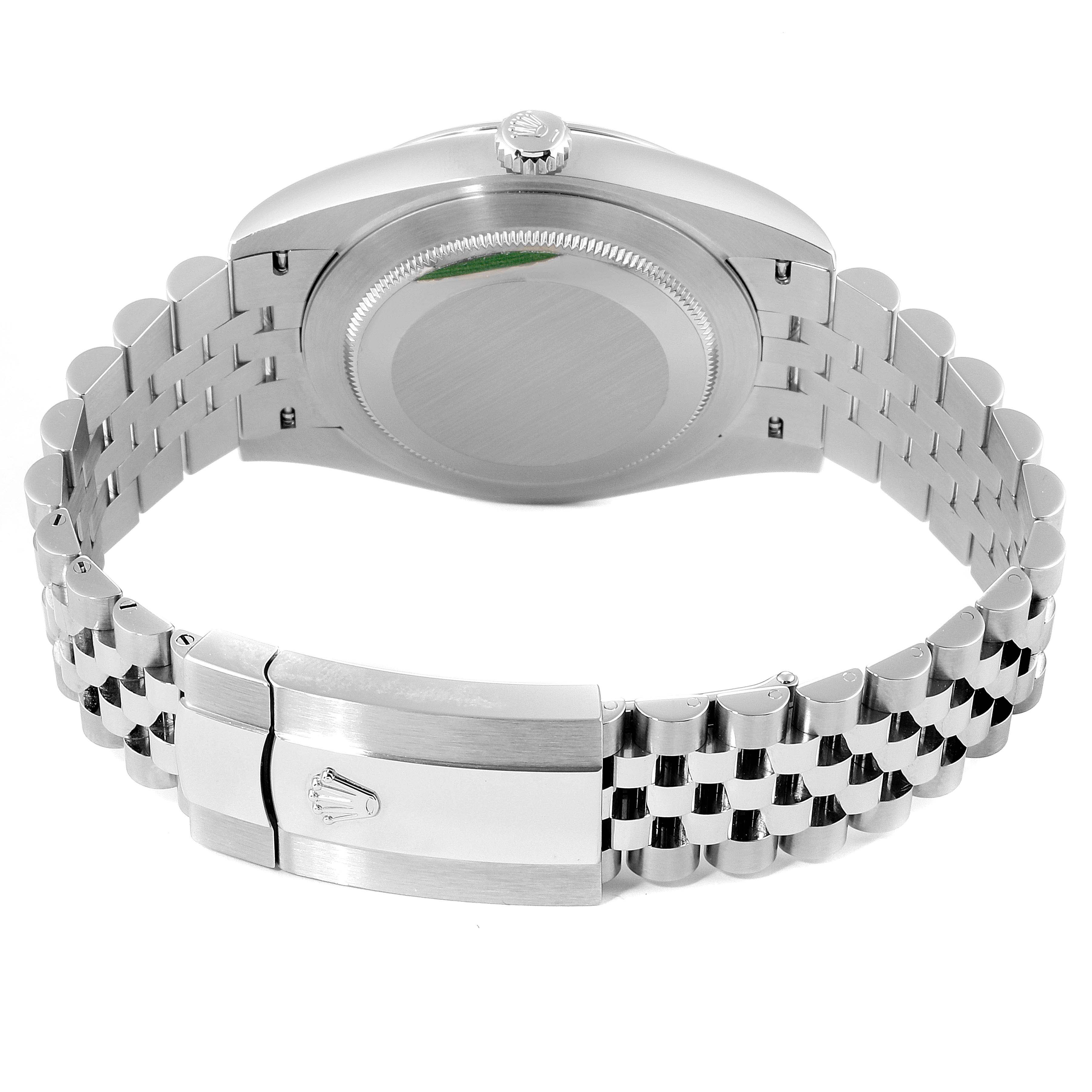 The image shows the back and clasp of a Rolex Datejust 41 126300 Men's Stainless Steel White Dial 126300 Men's Stainless Steel White Dial watch, including the Jubilee bracelet and the case back.