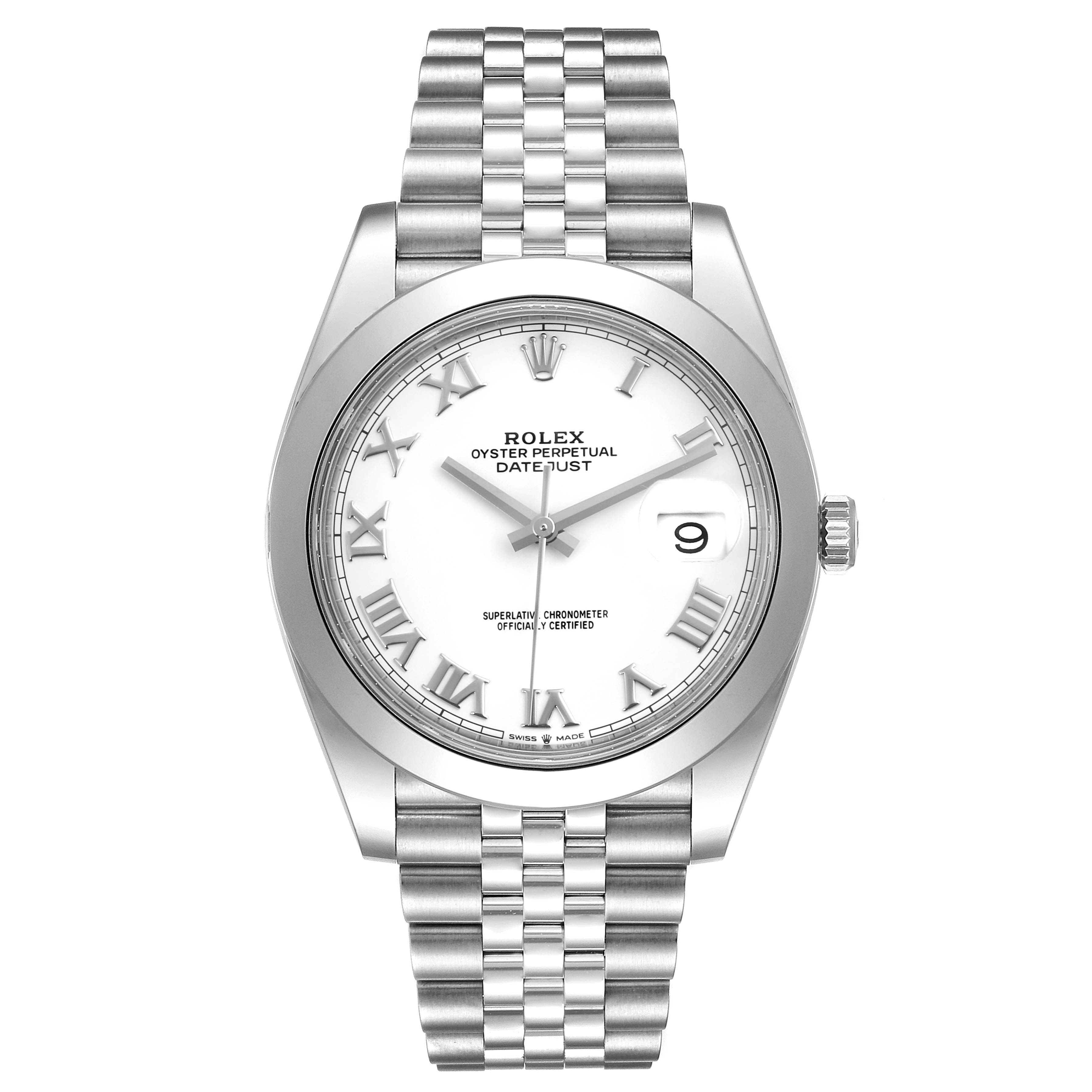 The image shows a front view of a Rolex Datejust 41 126300 Men's Stainless Steel White Dial 126300 Men's Stainless Steel White Dial watch, highlighting its dial, hands, bracelet, and crown.