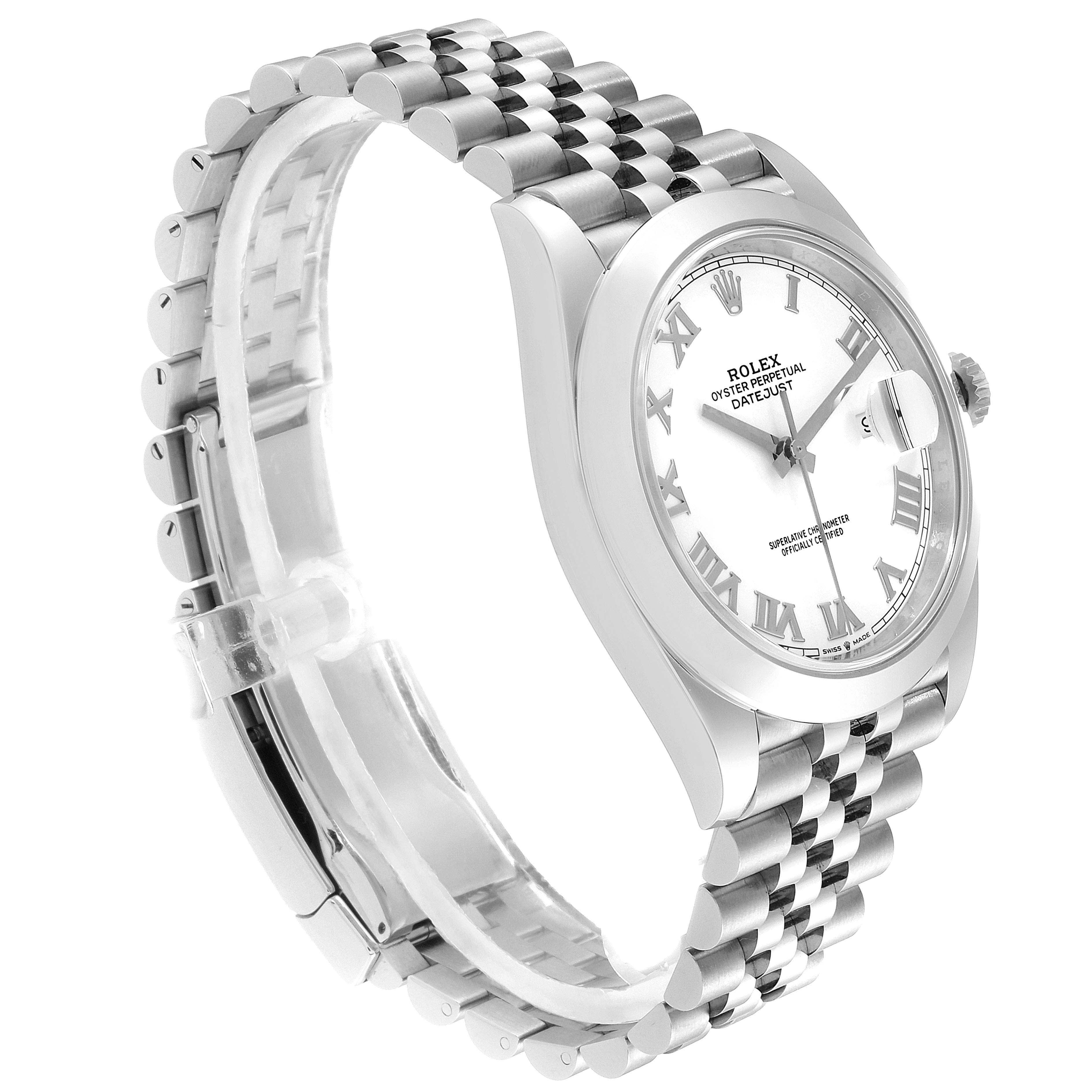 The Rolex Datejust 41 126300 Men's Stainless Steel White Dial 126300 Men's Stainless Steel White Dial watch is shown at a three-quarter angle, displaying the face, dial, crown, and Jubilee bracelet.