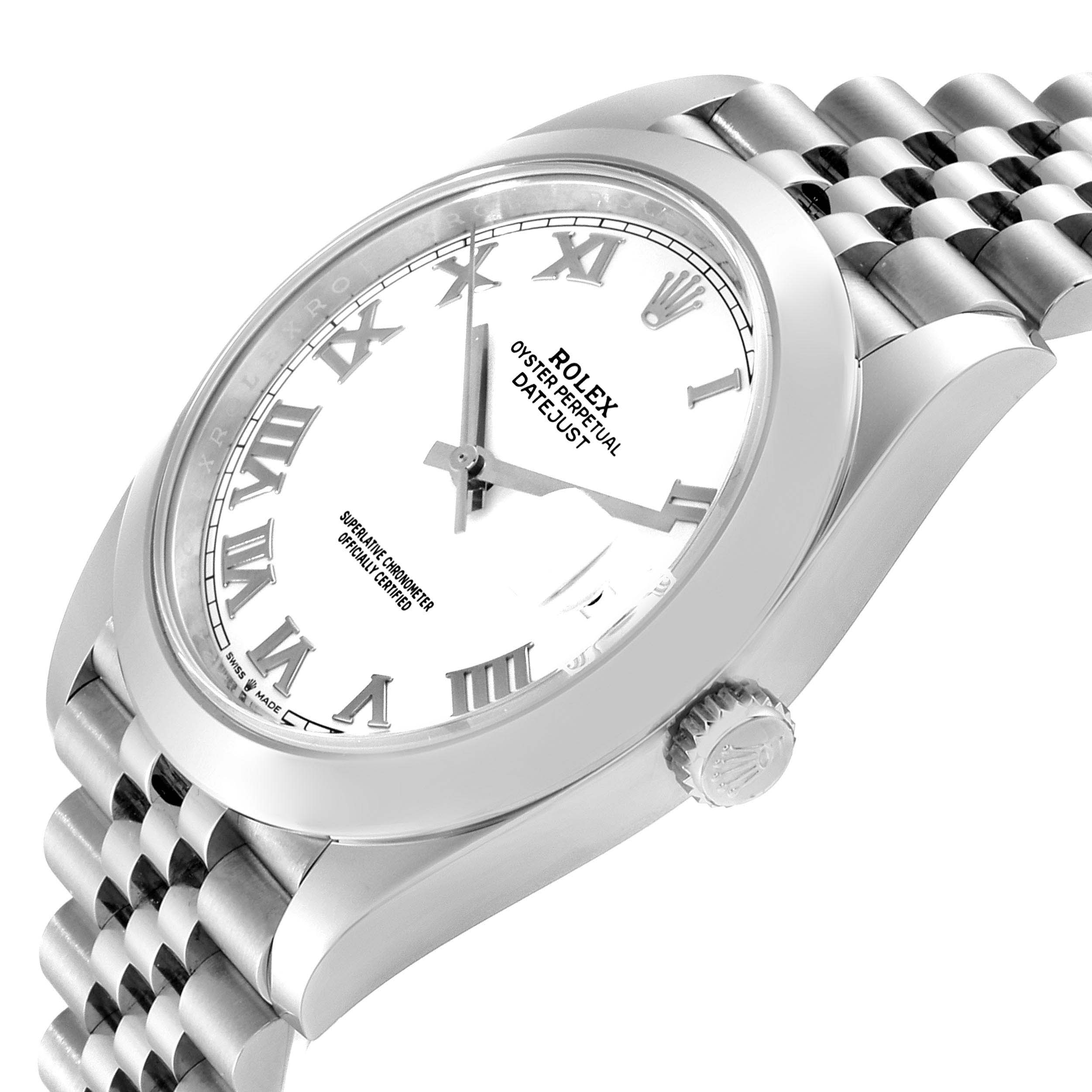 The image shows a close-up view of the Rolex Datejust 41 126300 Men's Stainless Steel White Dial 126300 Men's Stainless Steel White Dial, highlighting the dial, bezel, crown, and part of the bracelet.